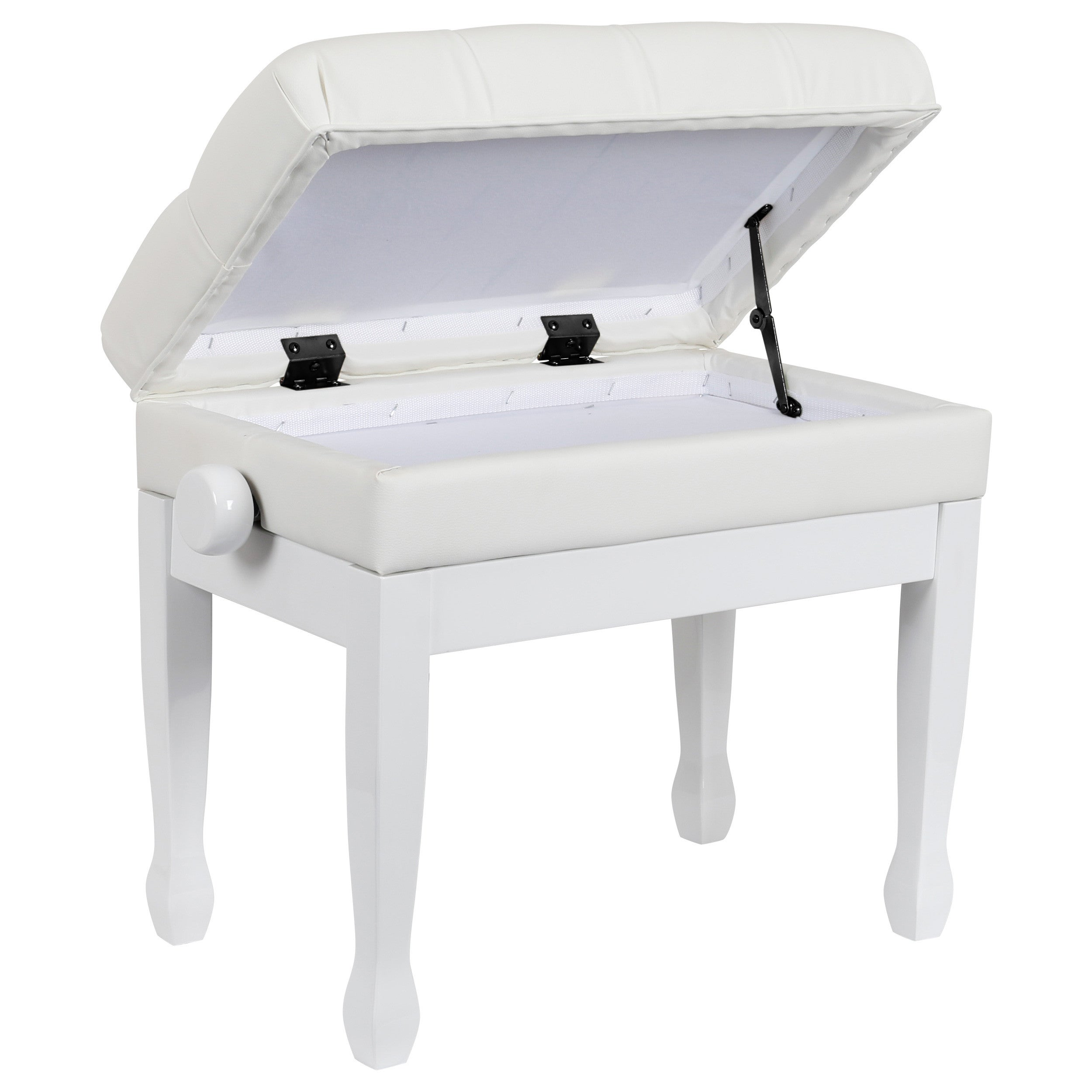 A white piano bench with its lid open, revealing storage space.