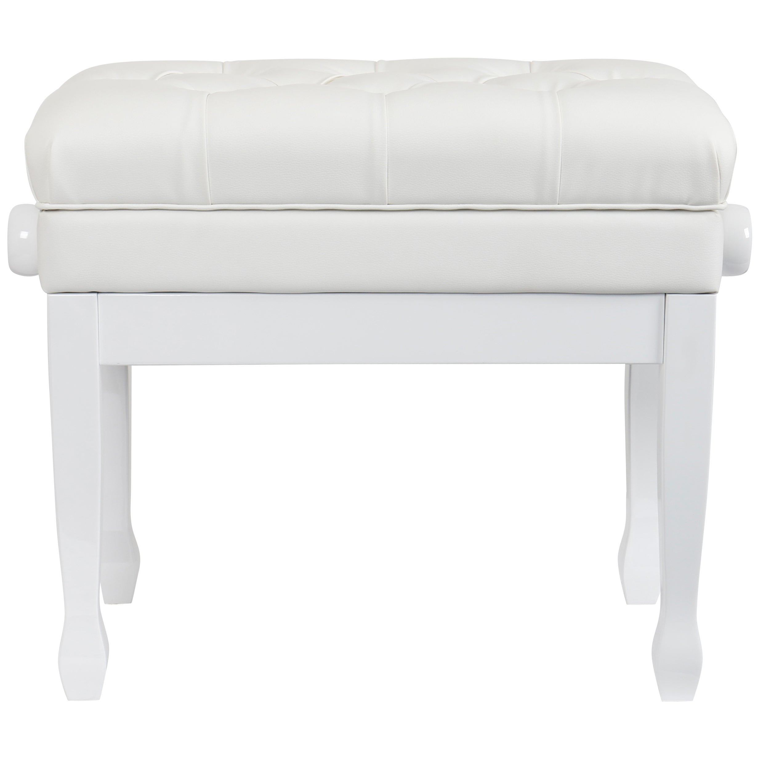 A white tufted ottoman with four legs and a padded seat.
