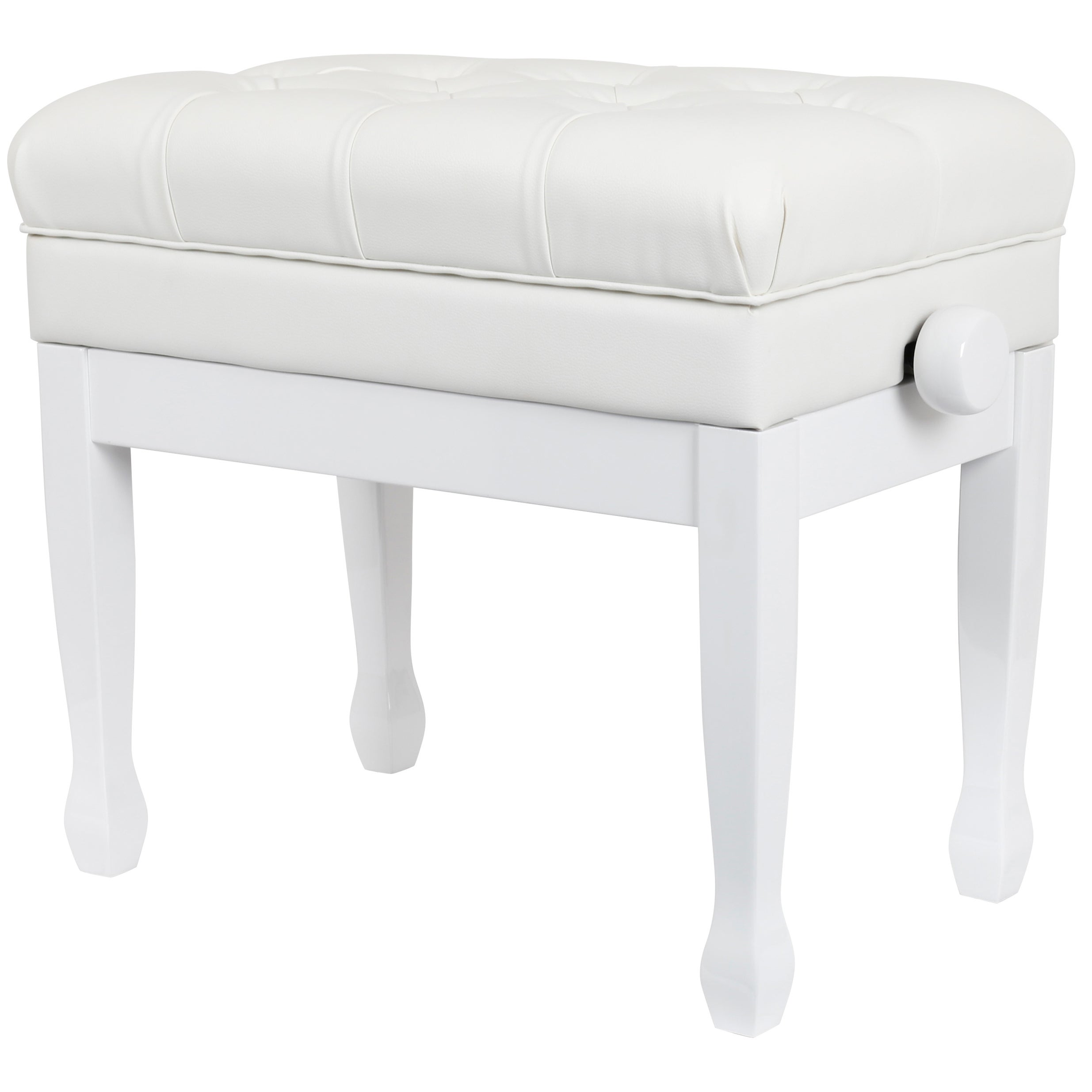 A white piano bench with a tufted seat and an adjustment knob.
