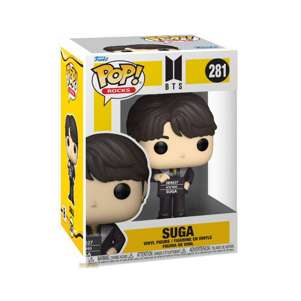 Funko Pop! Figur von Suga aus BTS in einer Box. Schwarzes Haar, grauer Anzug.