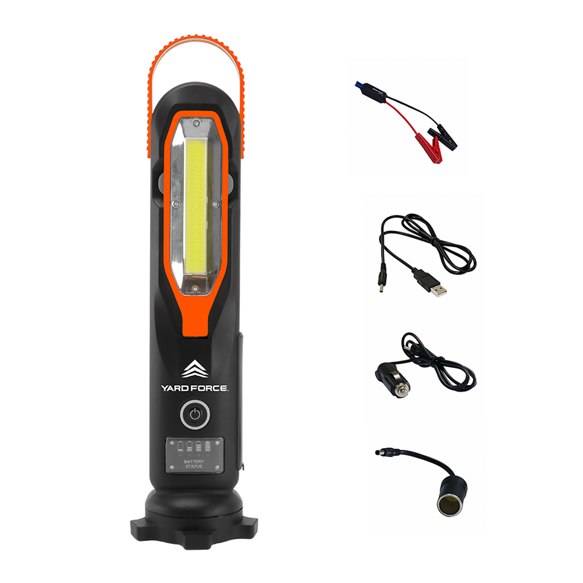 Schwarze Lampe mit orangefarbenem Griff und Ladezubehör.