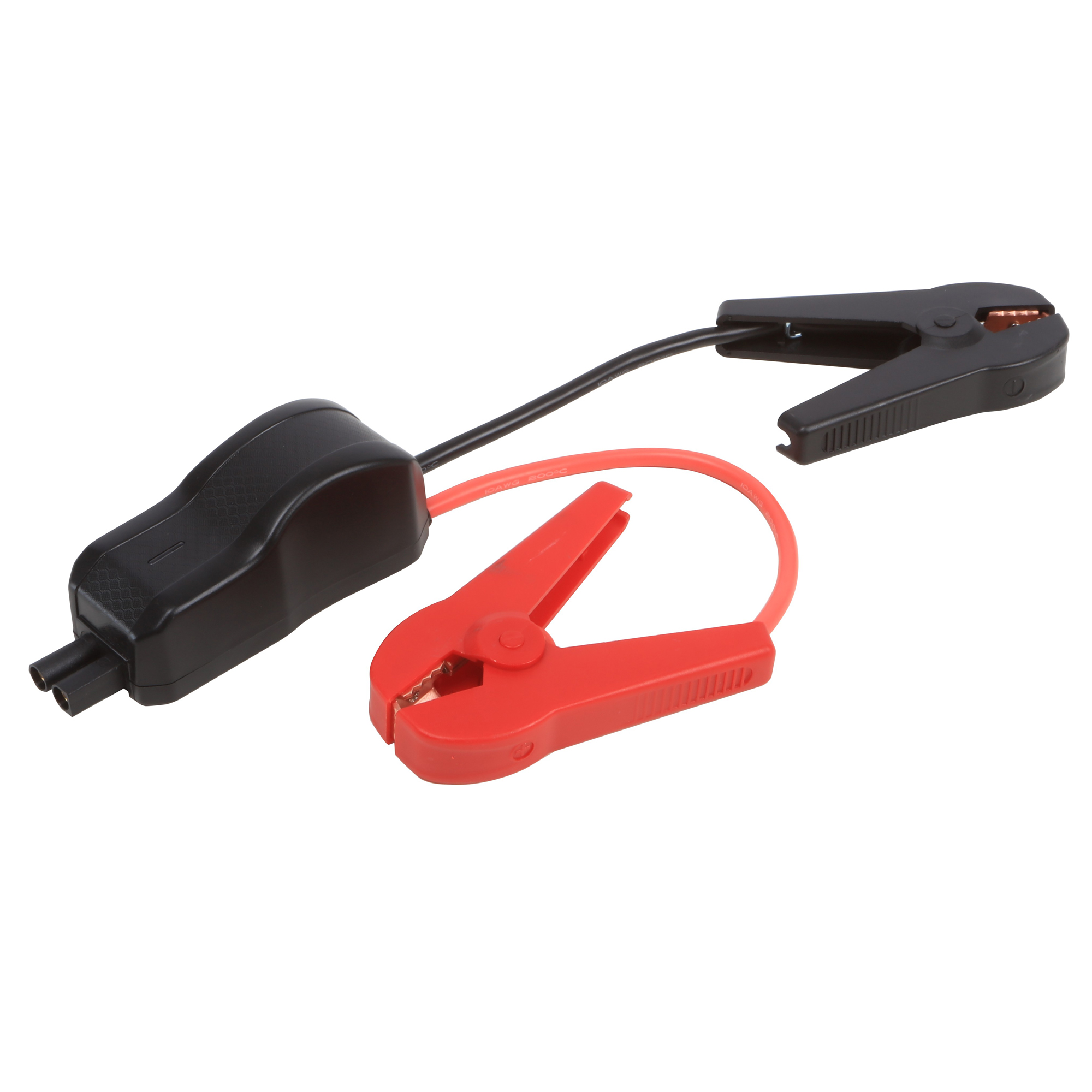 Schwarze und rote Klemmen mit schwarzem Kabel und Stecker.