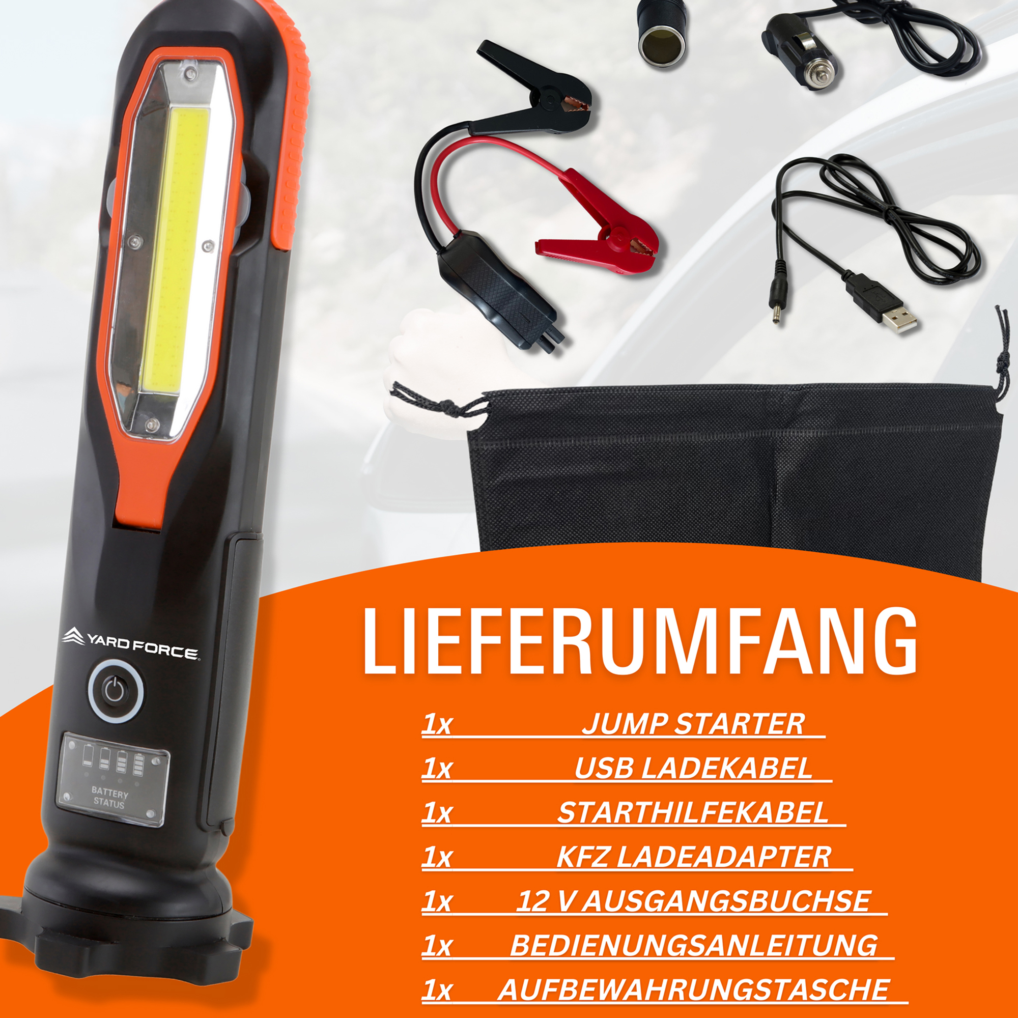 Jump Starter mit Zubehör: Kabel, Adapter, Tasche. Yard Force Logo.