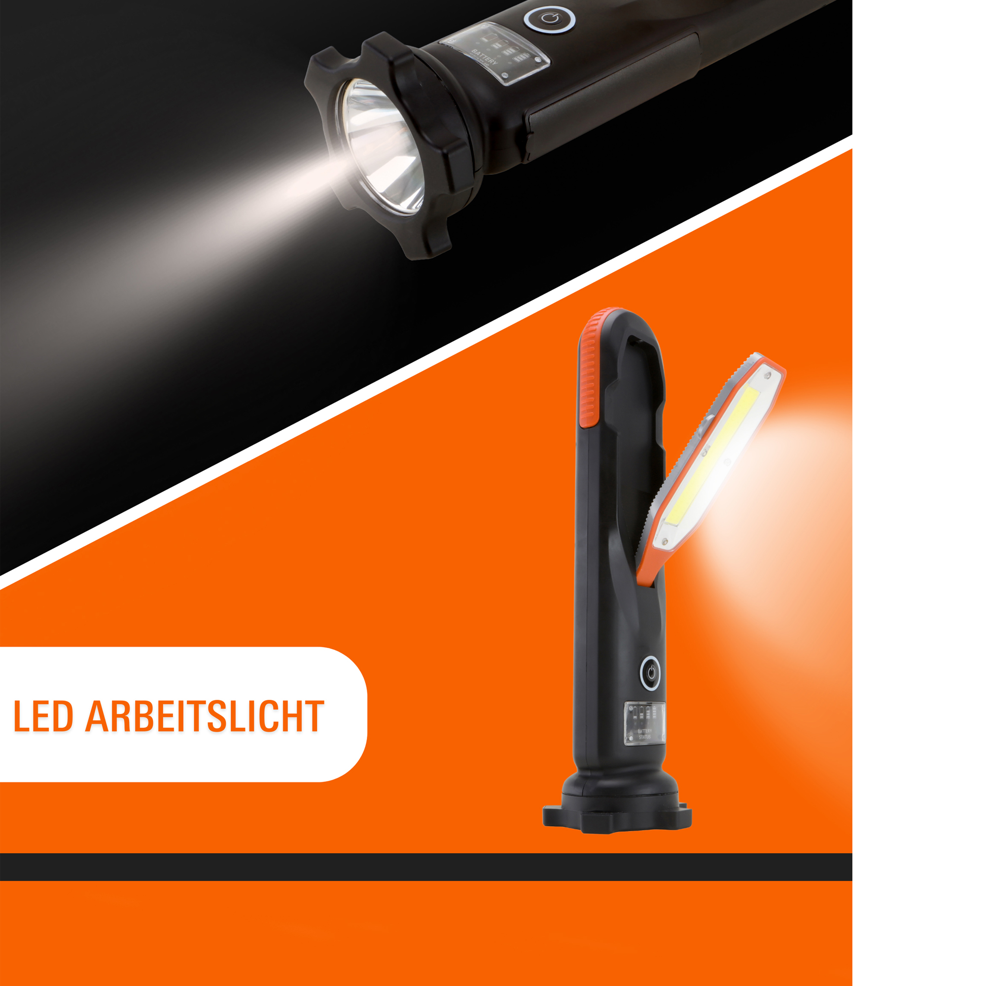 Zwei LED-Arbeitsleuchten: eine schwarze Taschenlampe mit Lichtstrahl und eine aufklappbare Leuchte.
