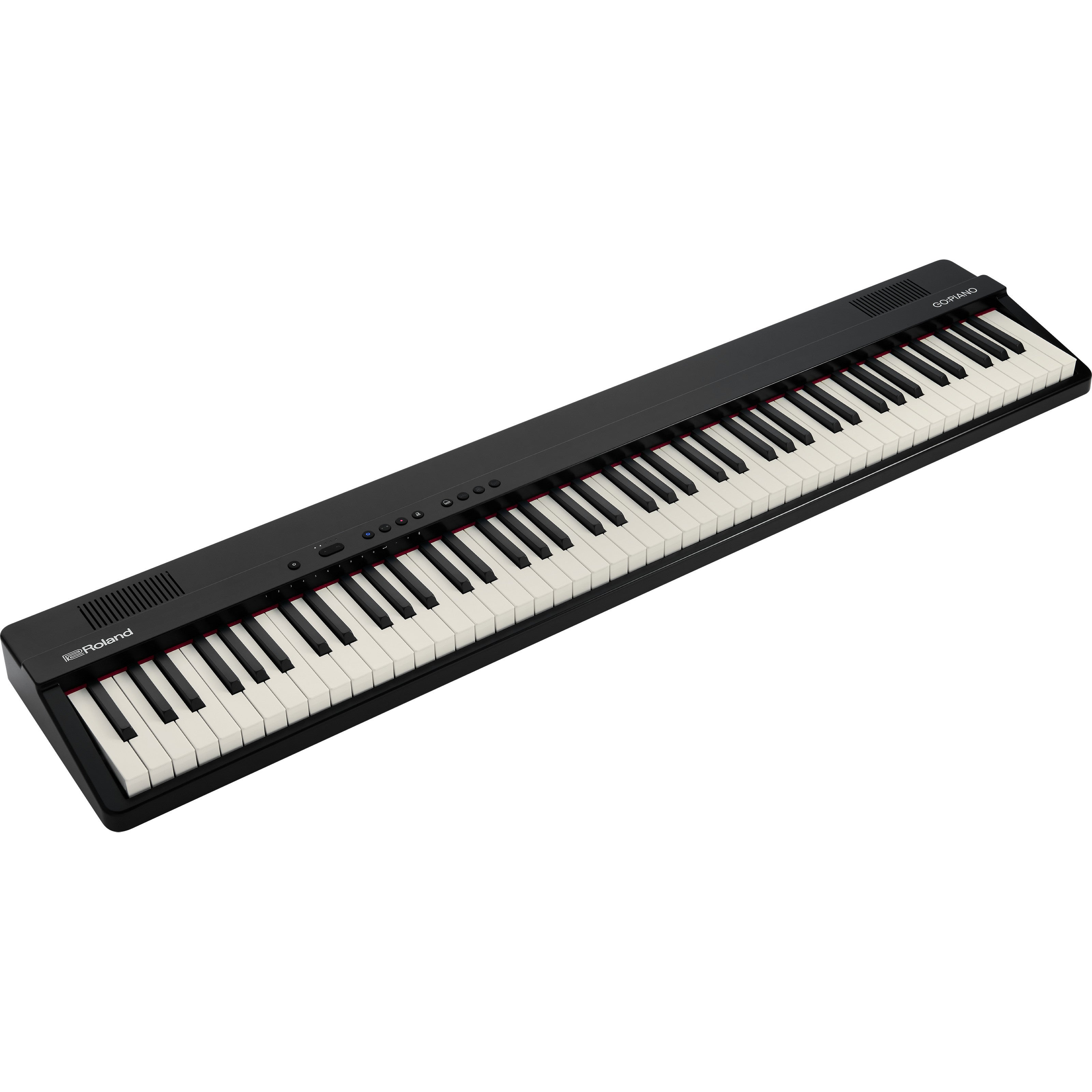 Un Roland GO:PIANO noir avec touches blanches et noires.