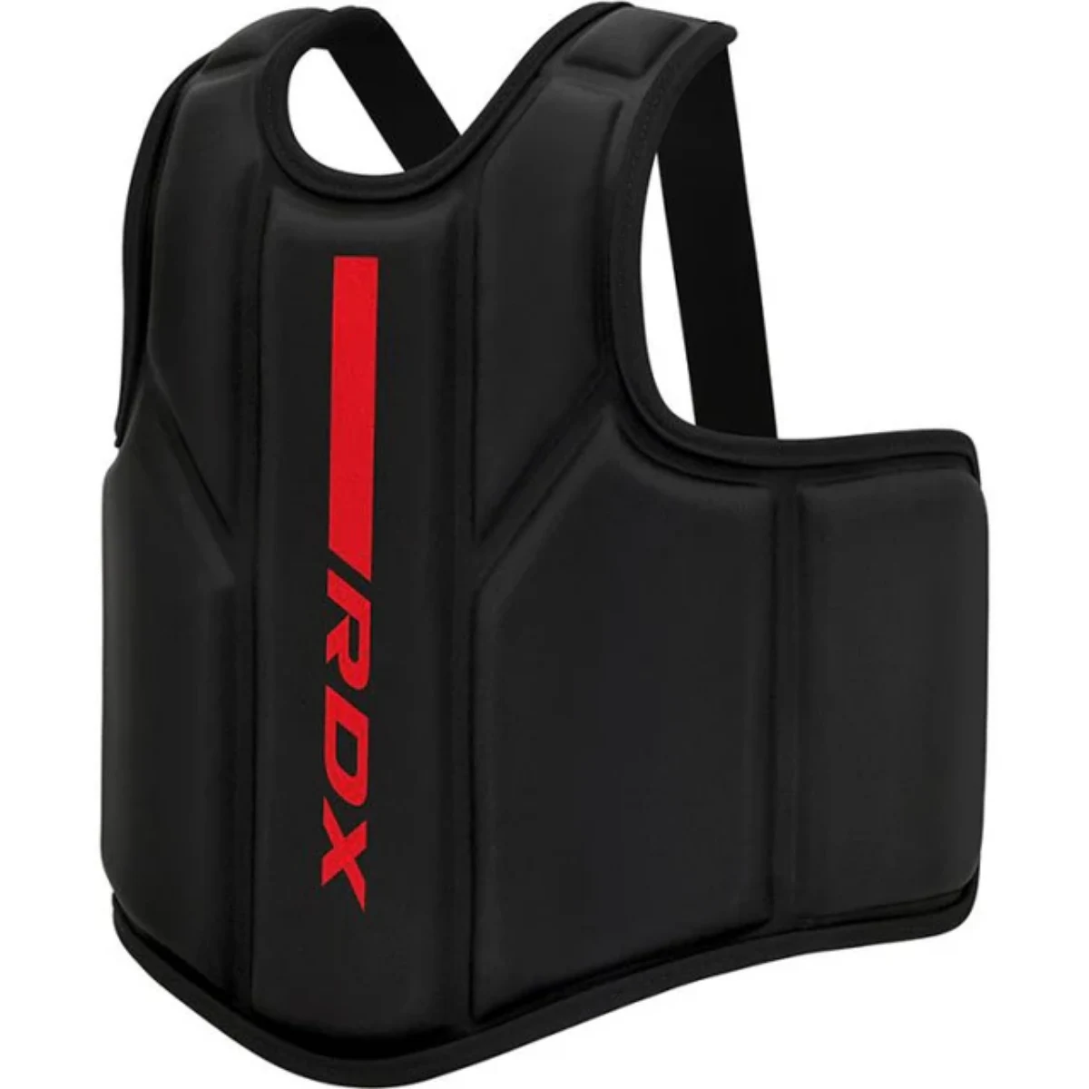 Zwart RDX beschermend vest met rode verticale streep en logo.