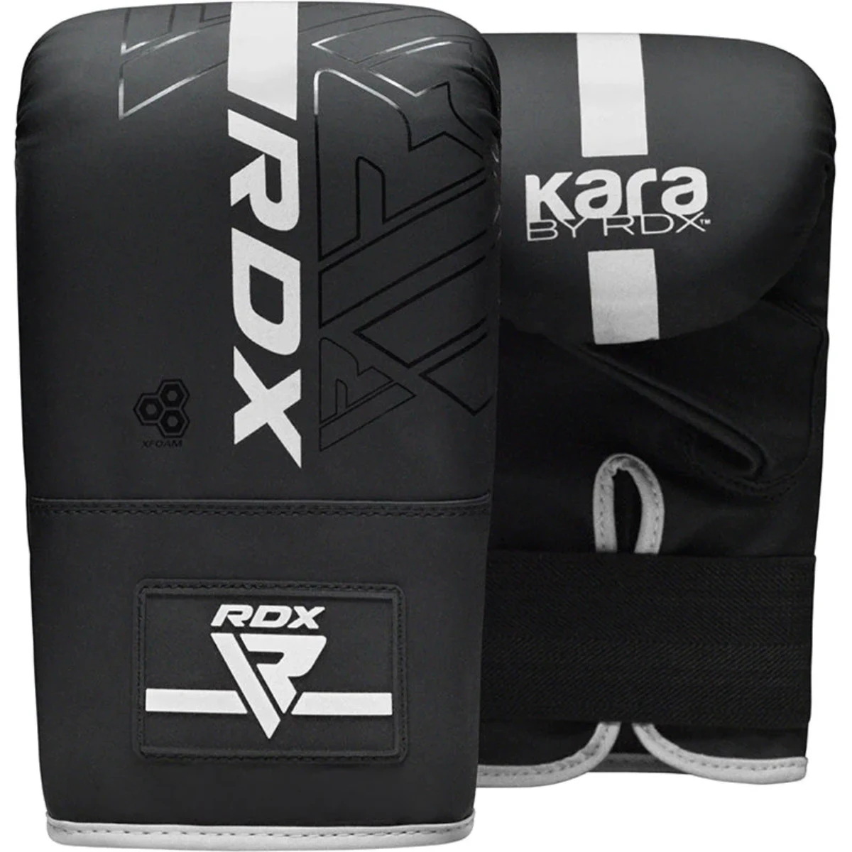 Gants de boxe noirs avec logos et rayures blancs, vus de face et de côté.