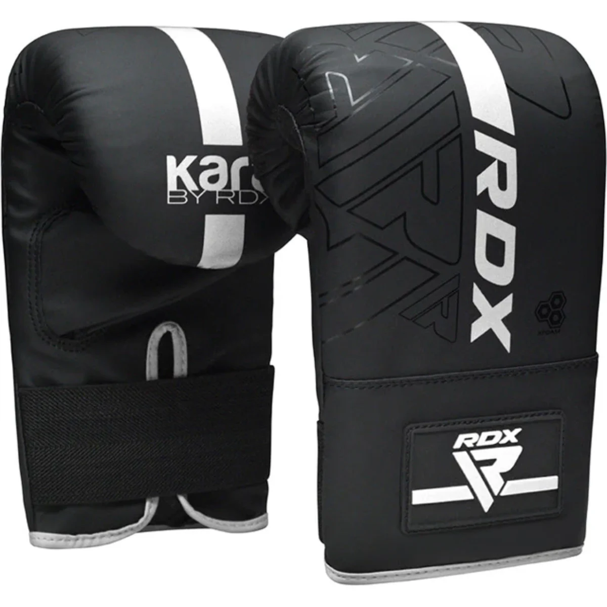 Gants de boxe noirs avec rayures blanches et logos.