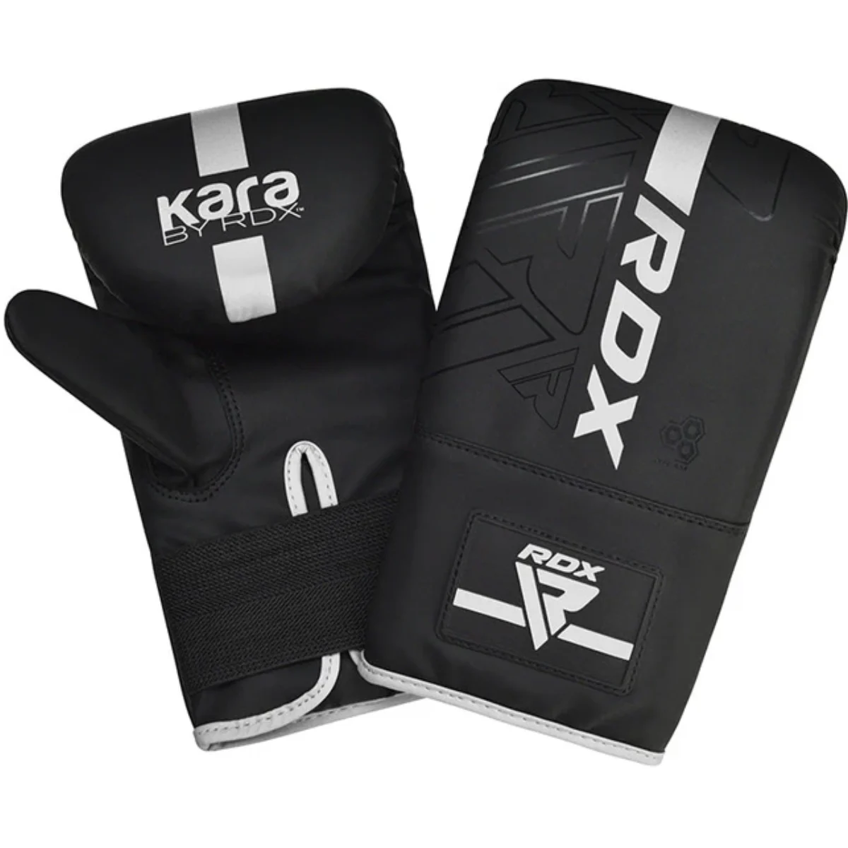 Mitaines de boxe noires avec rayures blanches et logos RDX et Kara.