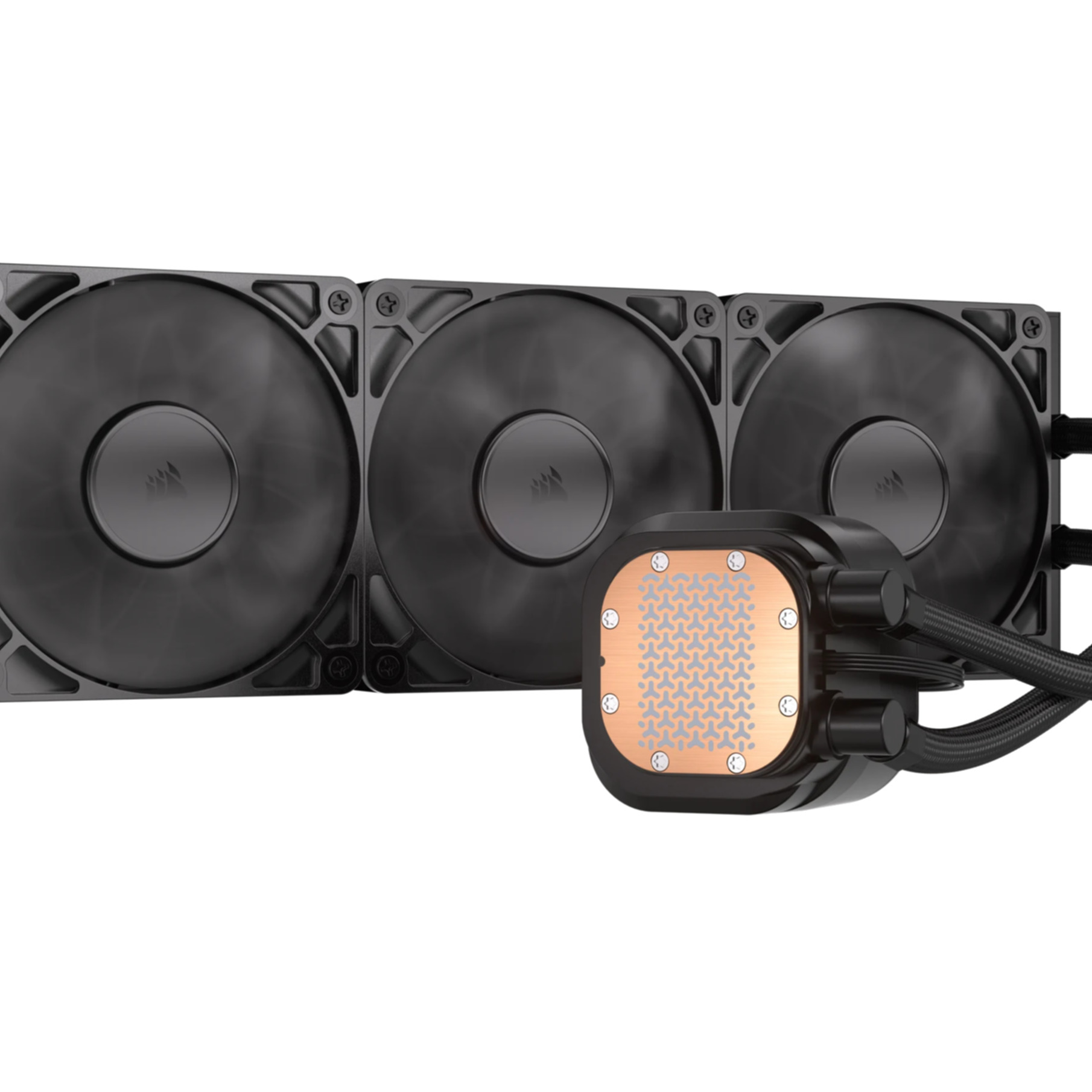 Potrójne czarne wentylatory z miedzianym chłodzeniem CPU i wężami.