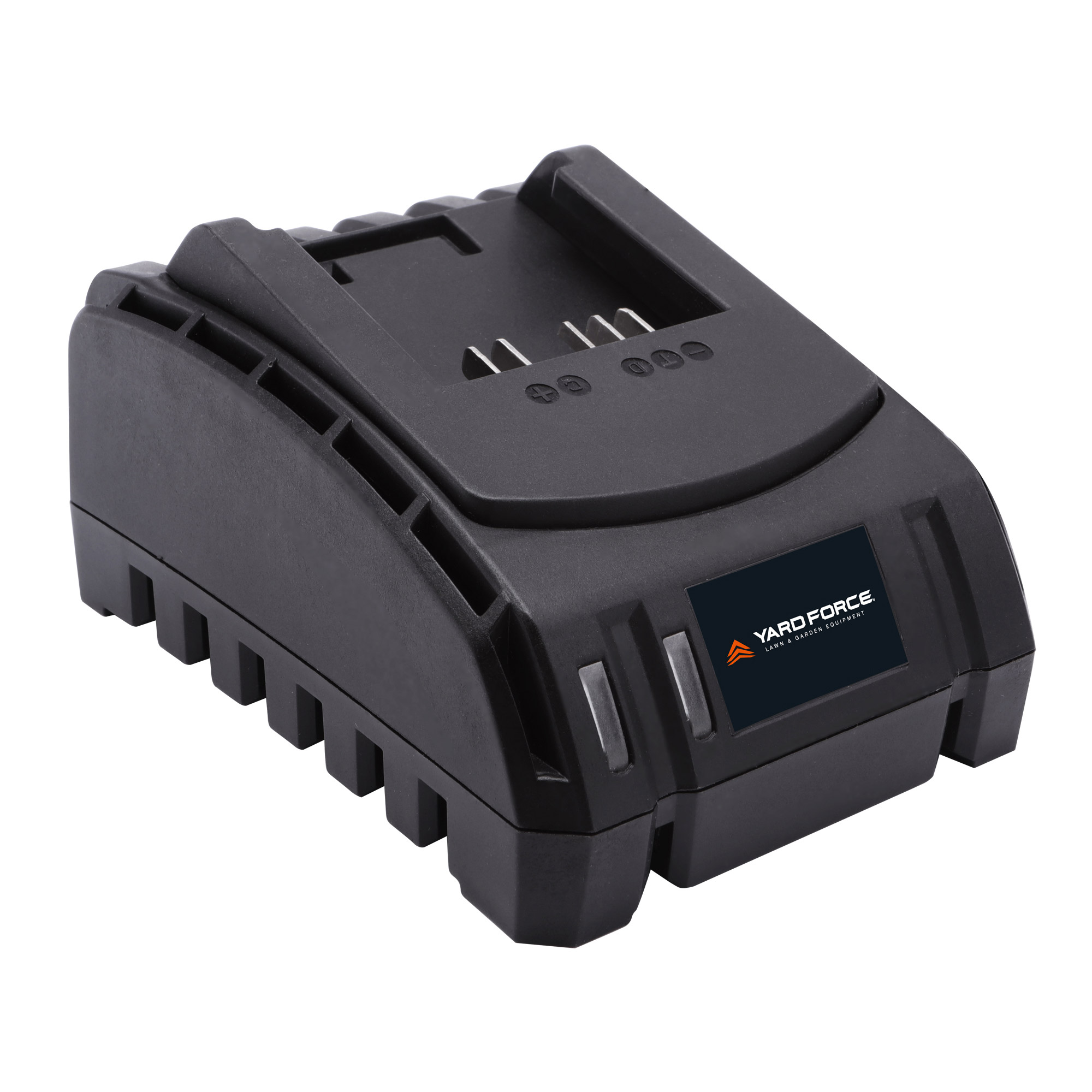 Batteria nera Yard Force con spie luminose e contatti metallici.