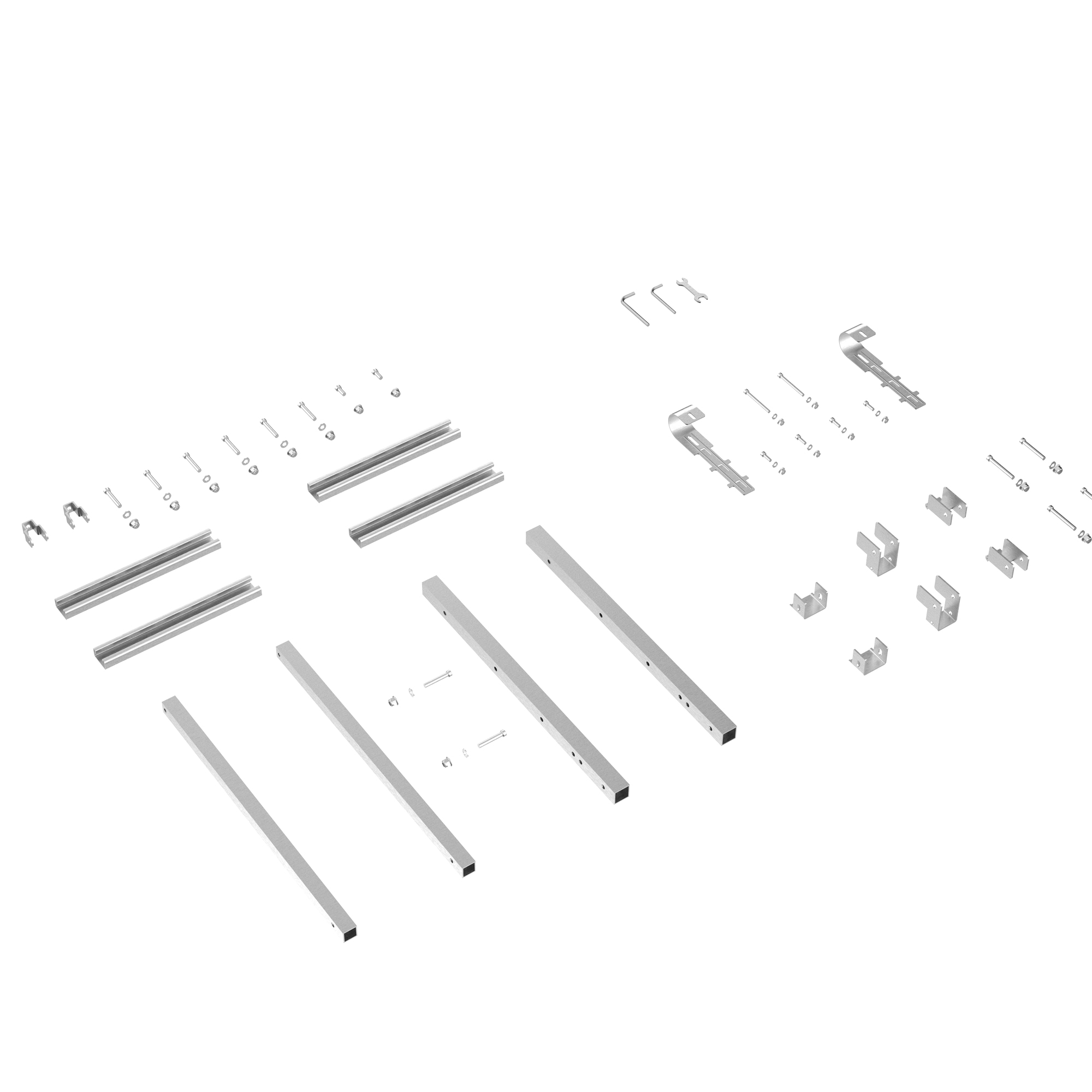 Silberne Metallteile: Rohre, Schienen, Winkel, Schrauben und Werkzeuge.