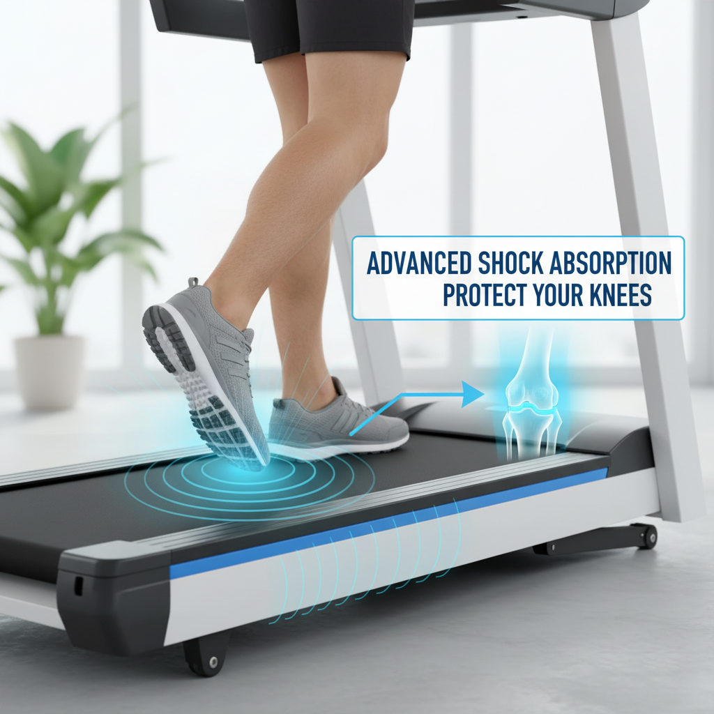 Runner on treadmill with shock absorption for knees.