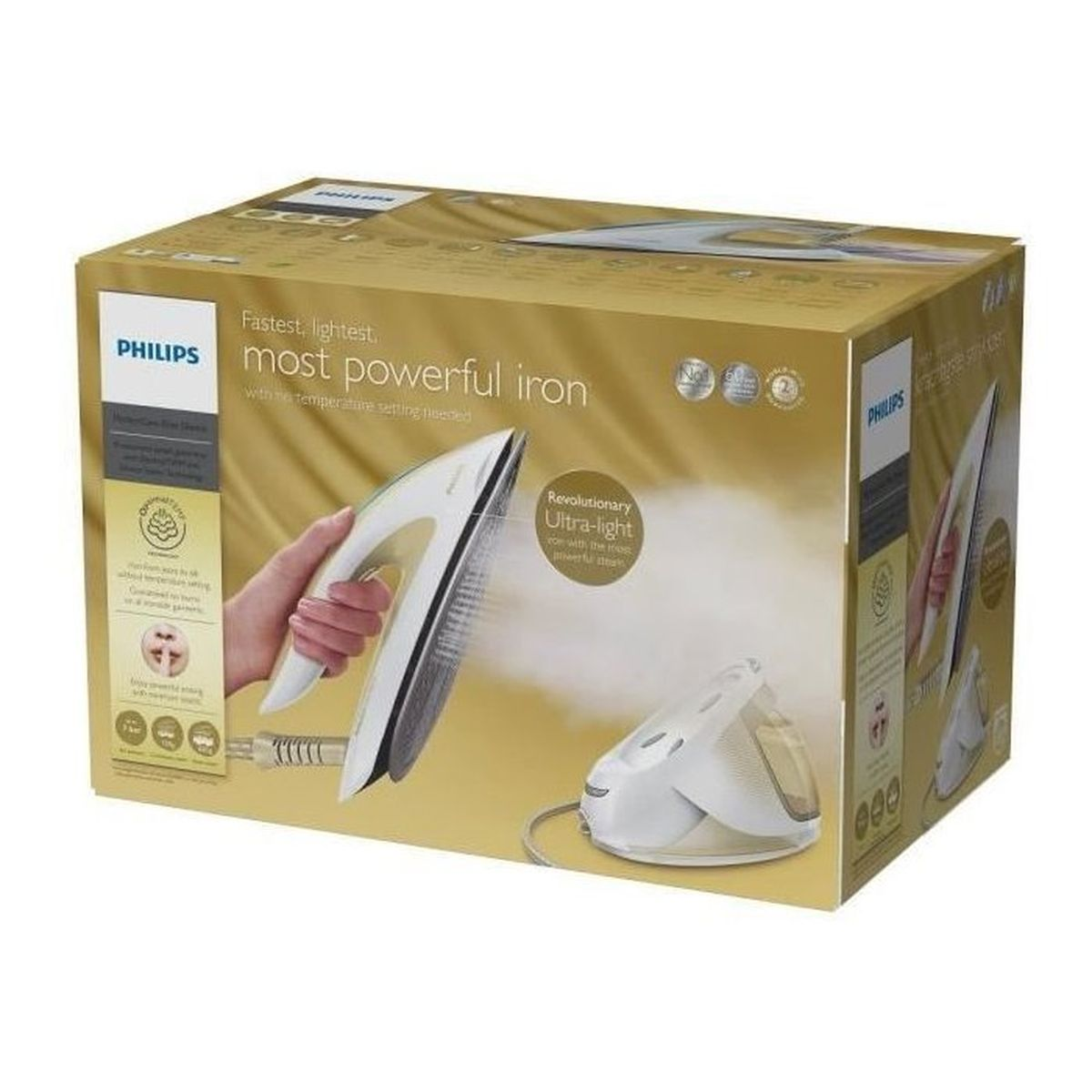 Eine weiße Philips-Bügelstation mit Basis und Dampf auf einer goldenen Box mit Produktdetails.