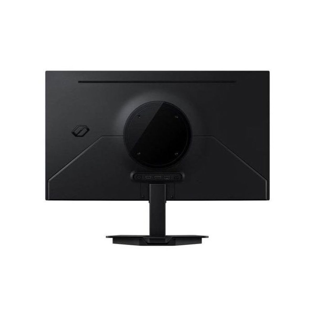 Vista posteriore di un monitor nero con supporto e porte.