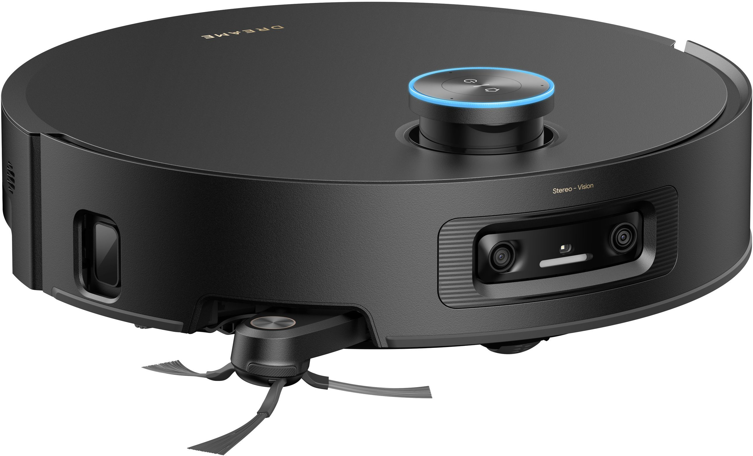 Robot aspirapolvere nero con luce LED blu e spazzole.