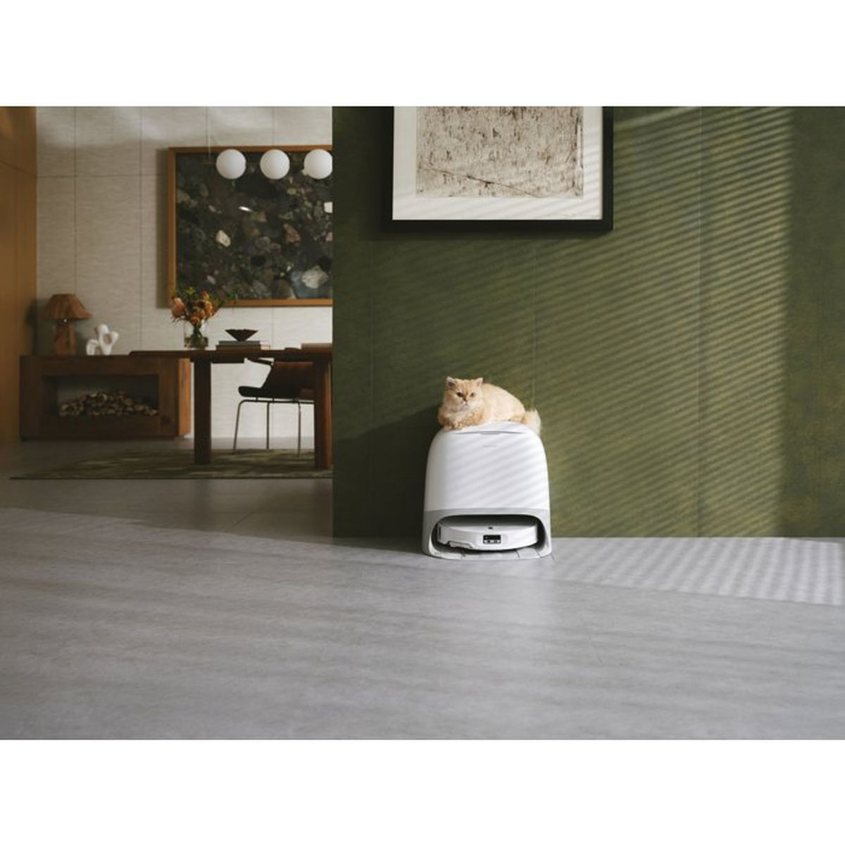 Un gatto siede sopra una base di ricarica per robot aspirapolvere in un soggiorno moderno.