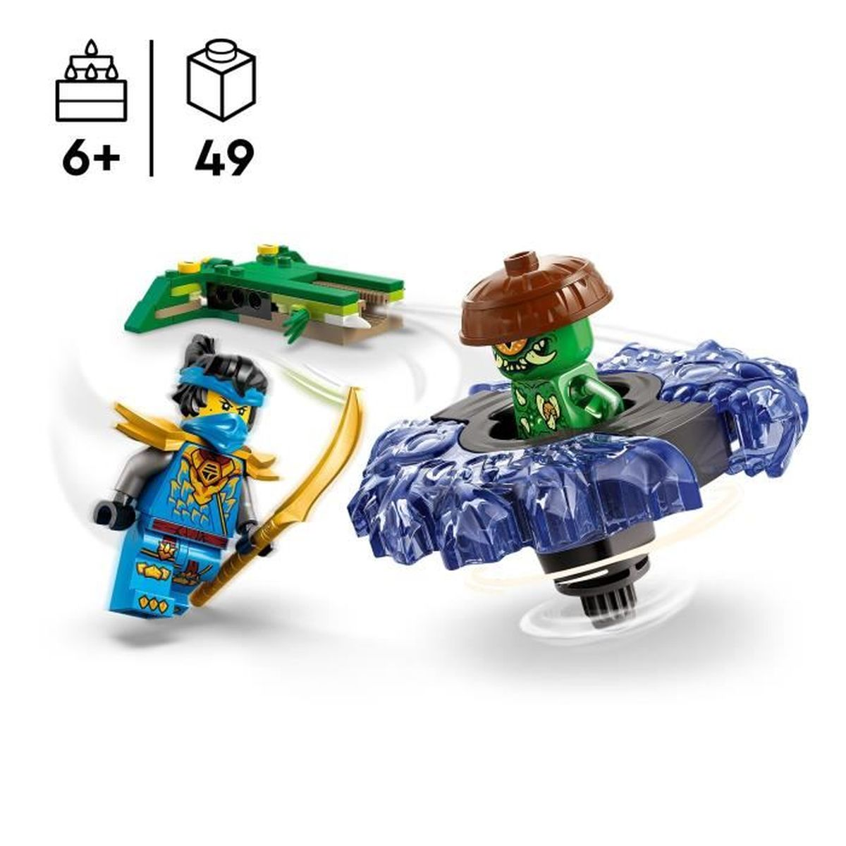Giocattoli Lego: Ninja, robot coccodrillo verde, personaggio verde con cappello marrone.