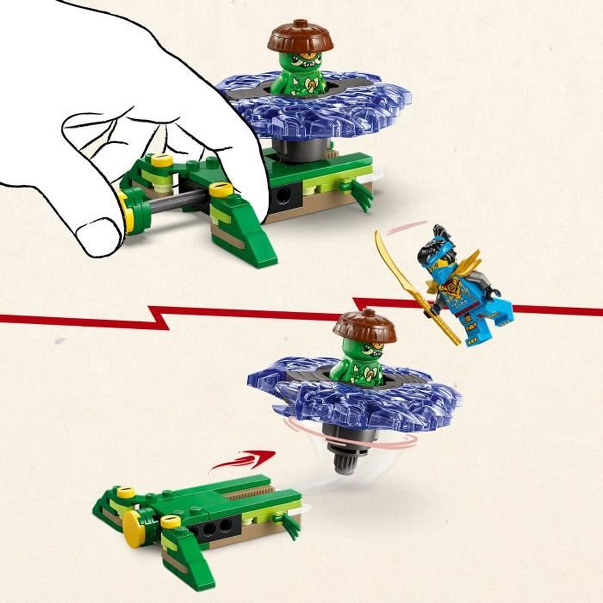 Mano aziona lanciatore Lego verde, facendo girare una figura.