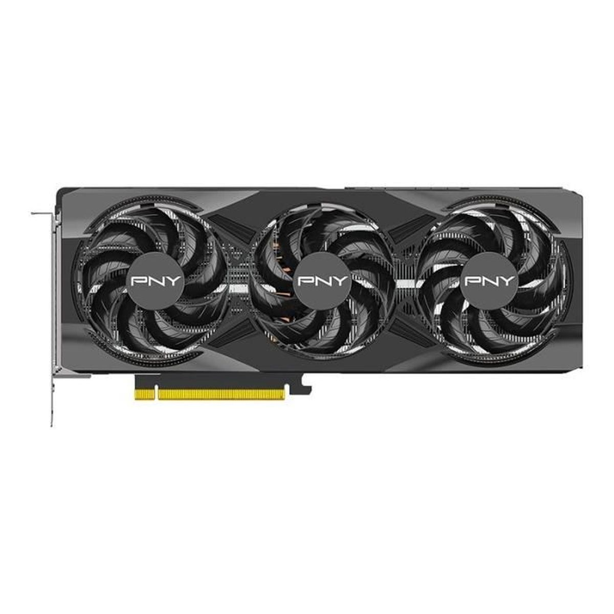 A graphics card with three fans and PNY logo on a black background.