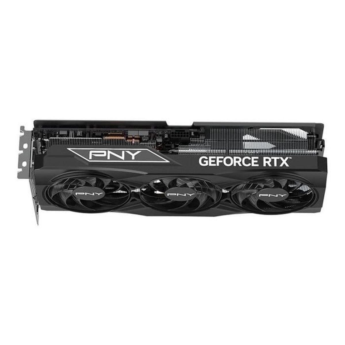 A black graphics card with three fans and PNY GEFORCE RTX lettering.