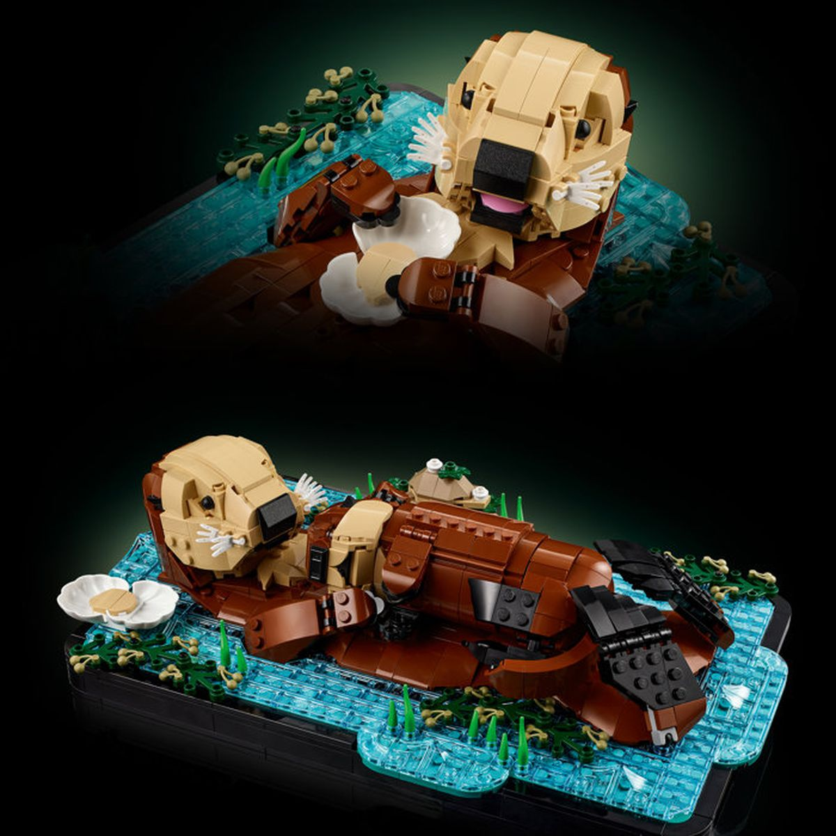 Model wydry morskiej LEGO unosi się na wodzie z muszlą i wodorostami.