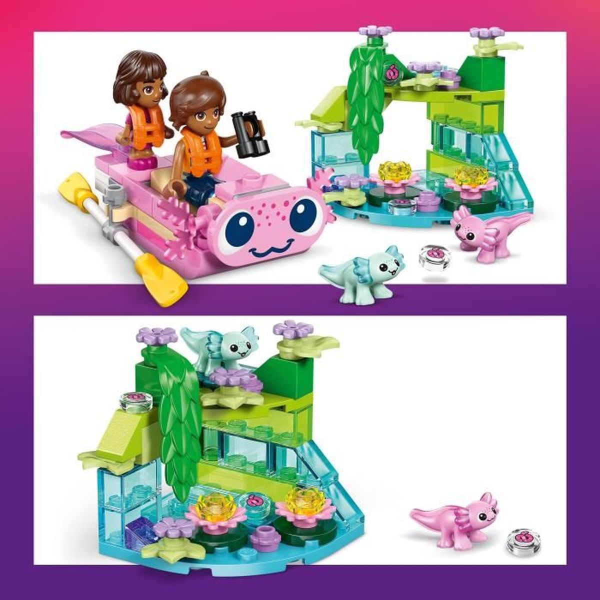 Zwei Figuren in einem rosa Boot mit Paddeln und axolotl-Spielzeug.