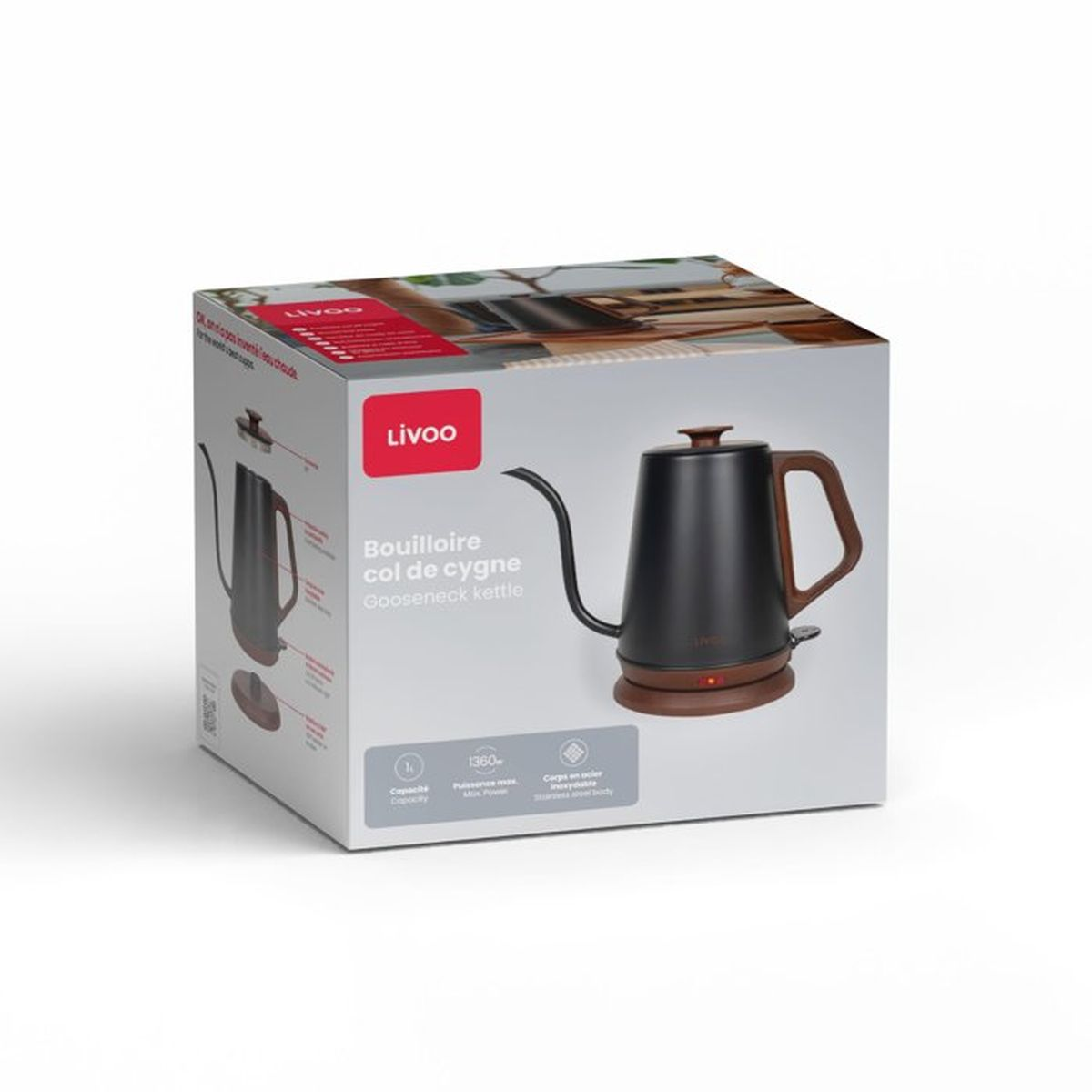 Schwarzer Schwanenhals-Wasserkocher mit braunem Griff und Sockel auf Kartonverpackung.