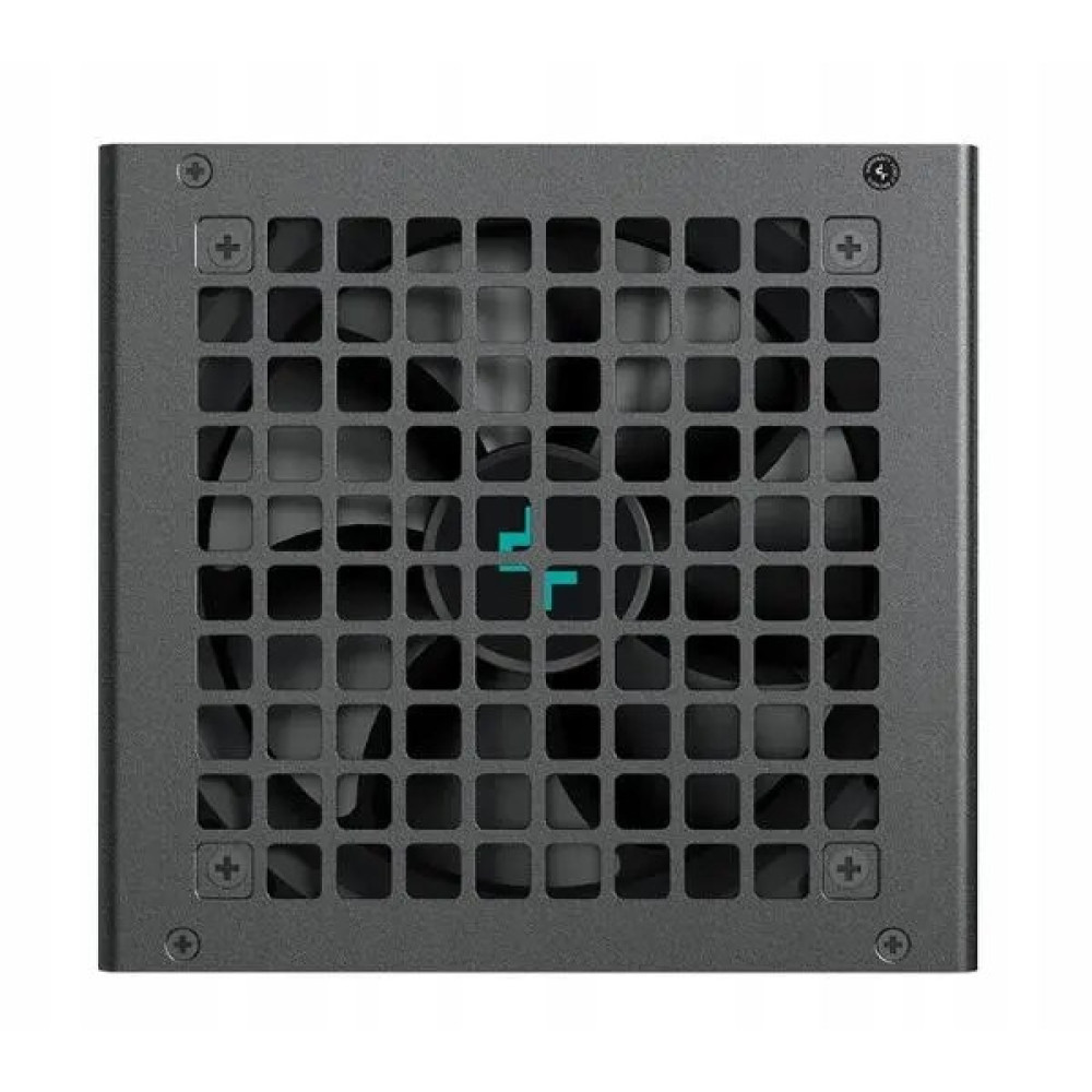 Czarny wentylator komputerowy z kratką i niebieskim logo pośrodku.