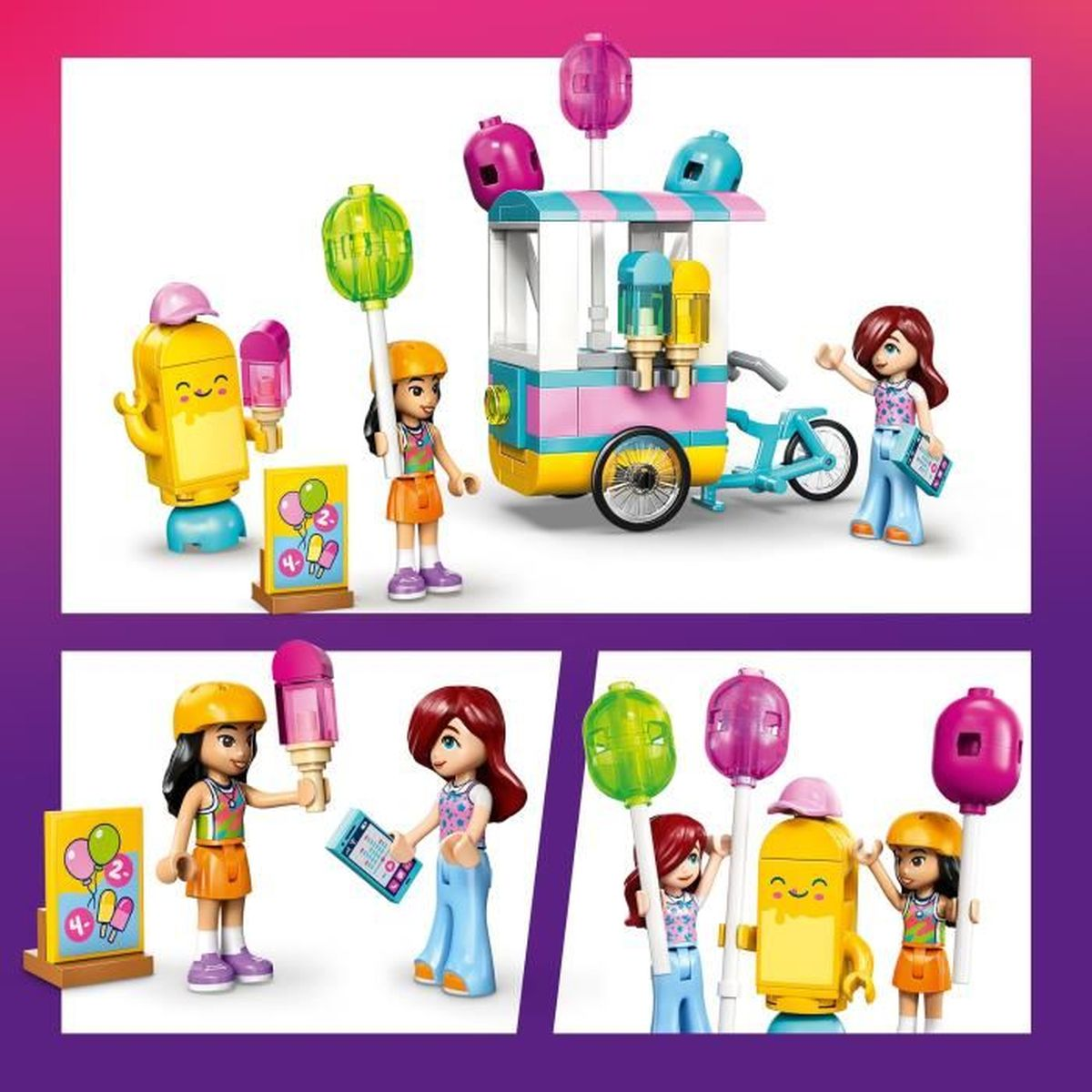 Pastel renkli dondurma arabası, balonlar ve lolipoplarla Lego figürleri.