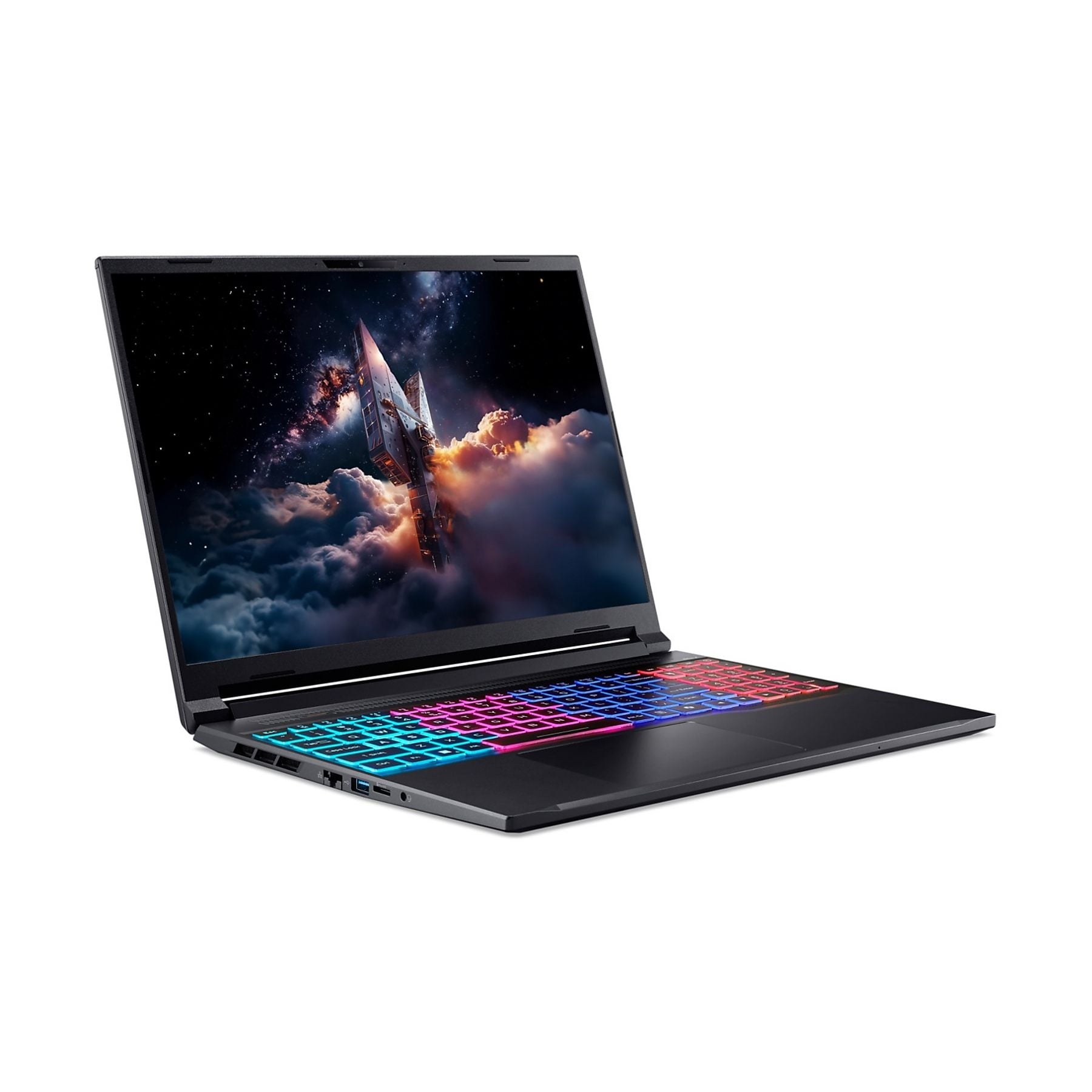 Un laptop con sfondo spaziale e tastiera colorata.