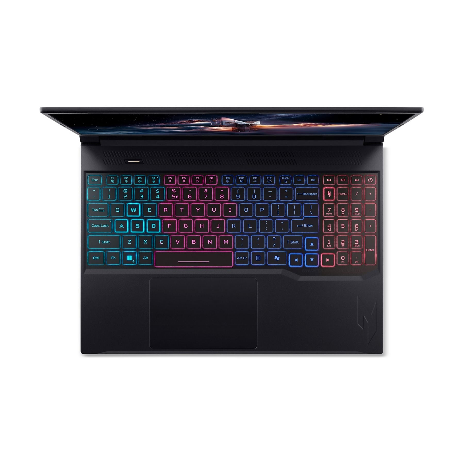 Laptop nero con tastiera illuminata e sfondo cosmico.