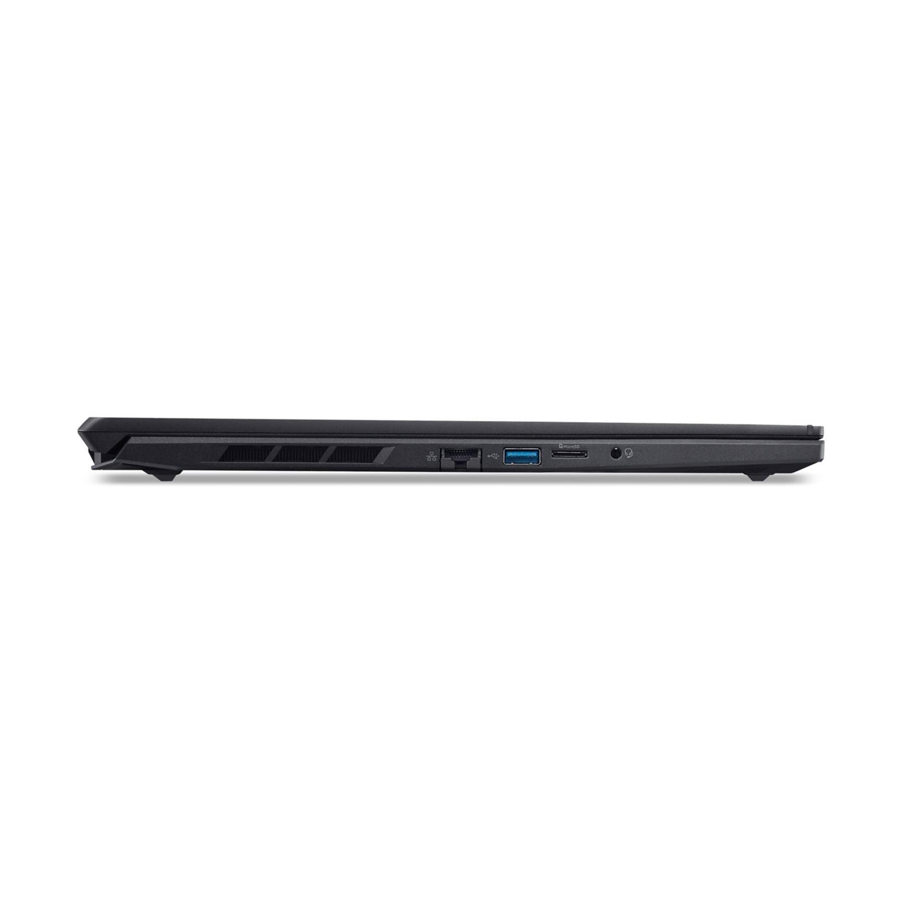 Sezione porte laptop nera con USB, lettore di schede SD e jack audio.