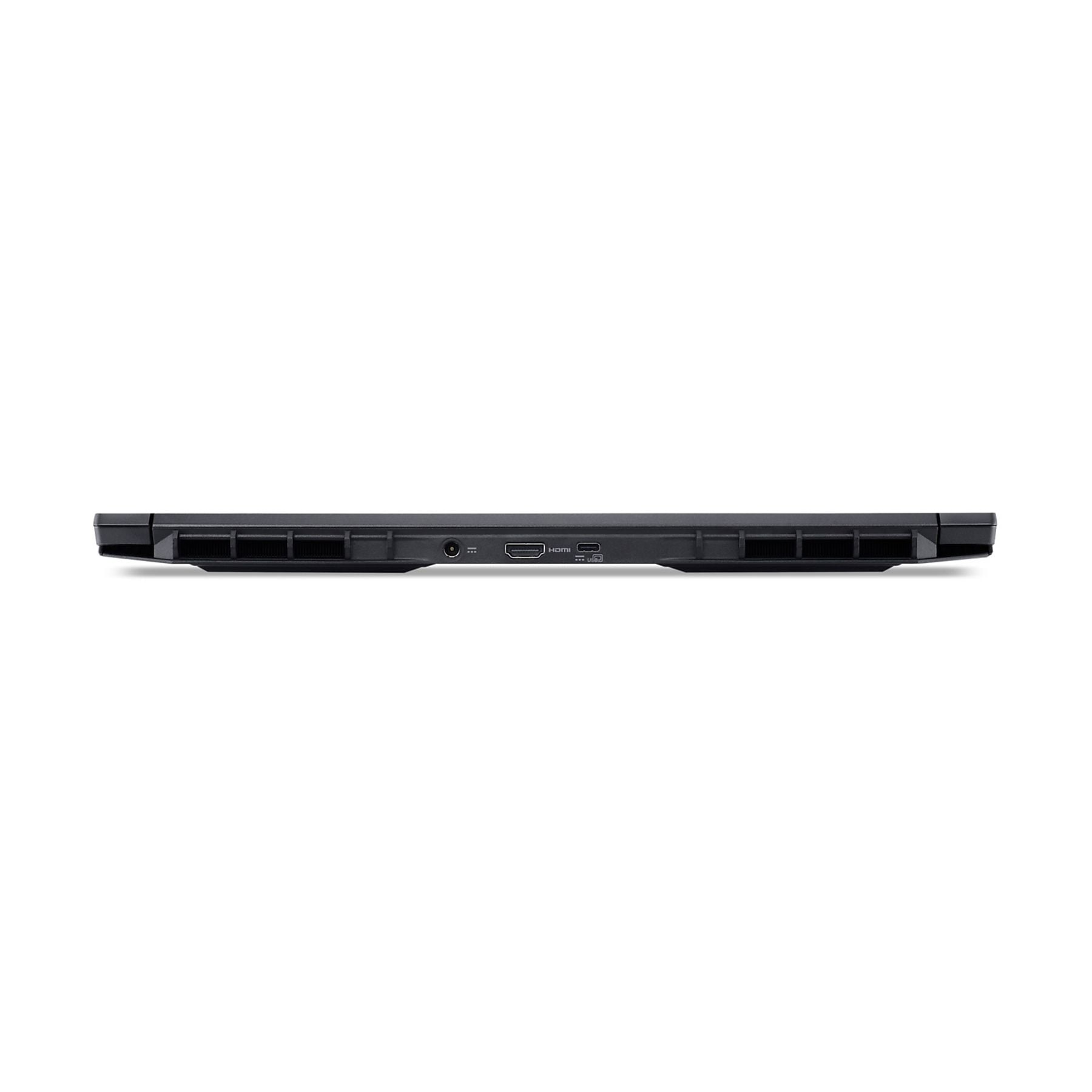 Laptop nero con porte: HDMI, USB e adattatore di alimentazione.