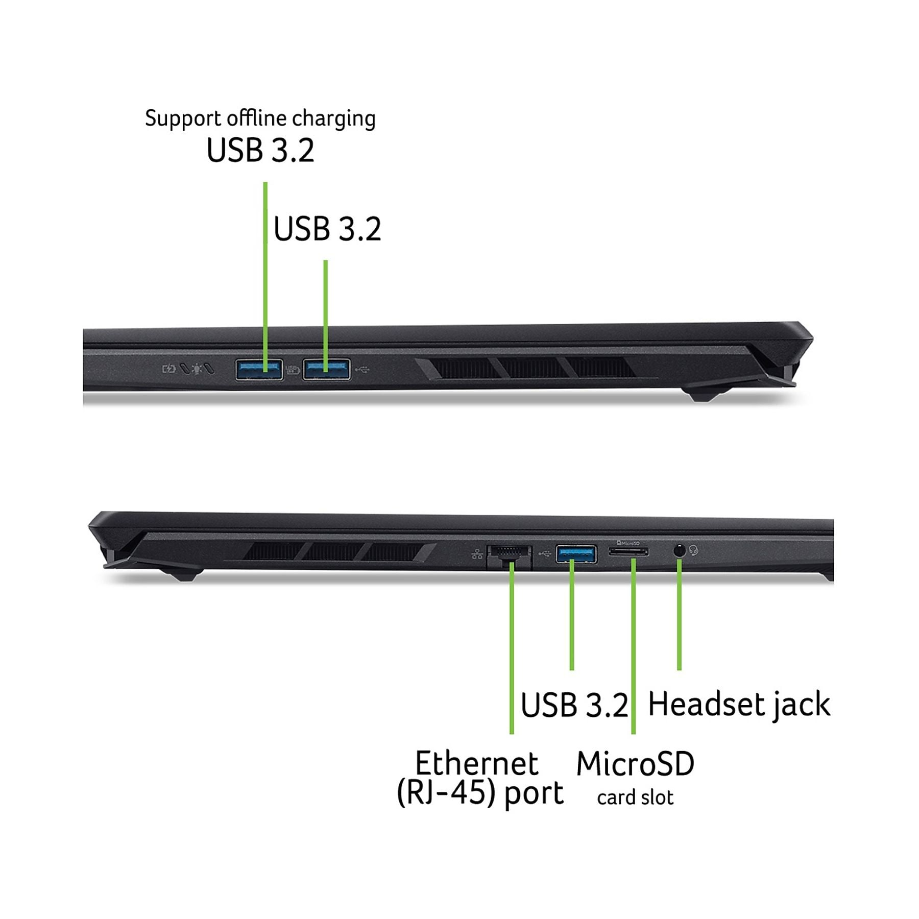 Vista laterale del laptop che mostra porte USB 3.2, Ethernet e MicroSD.