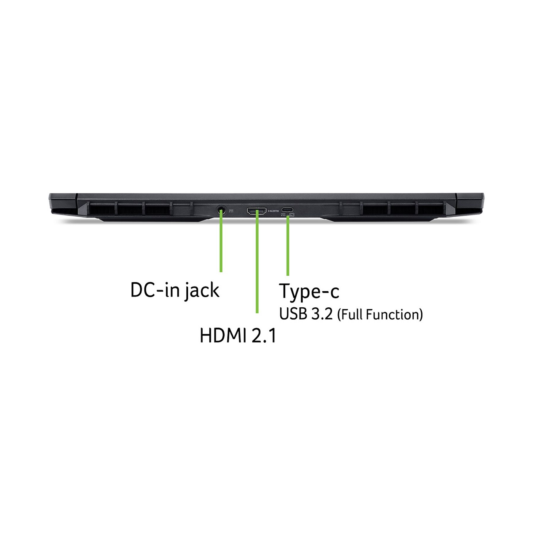 Lato del laptop che mostra le porte: DC-in, HDMI 2.1 e USB-C.