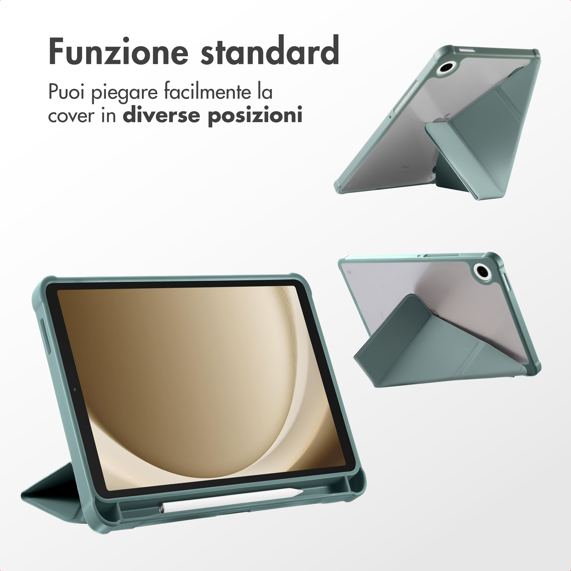 A teal tablet case shown standing in multiple positions on a white background.