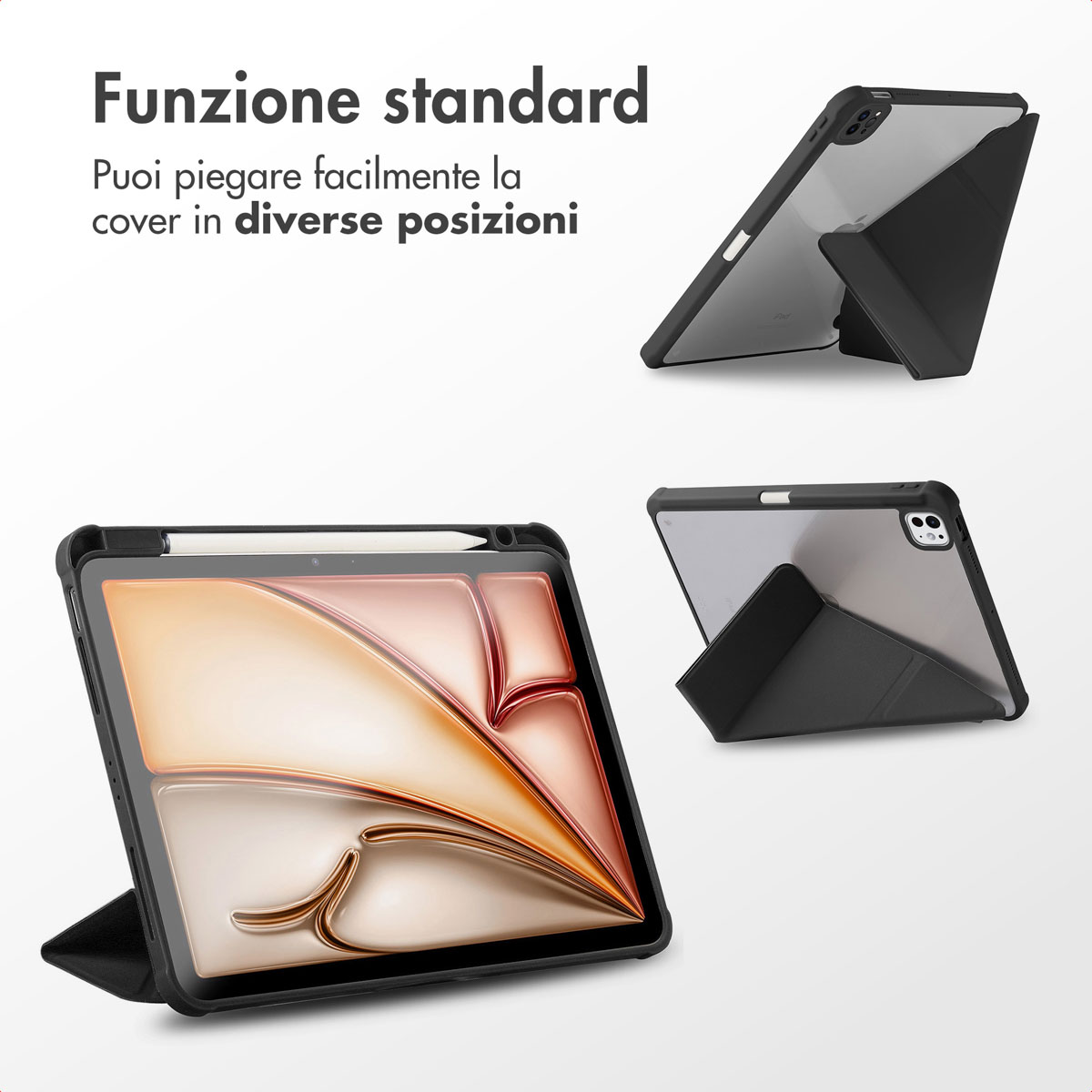 Een zwarte tablethoes getoond in meerdere posities met stylus.