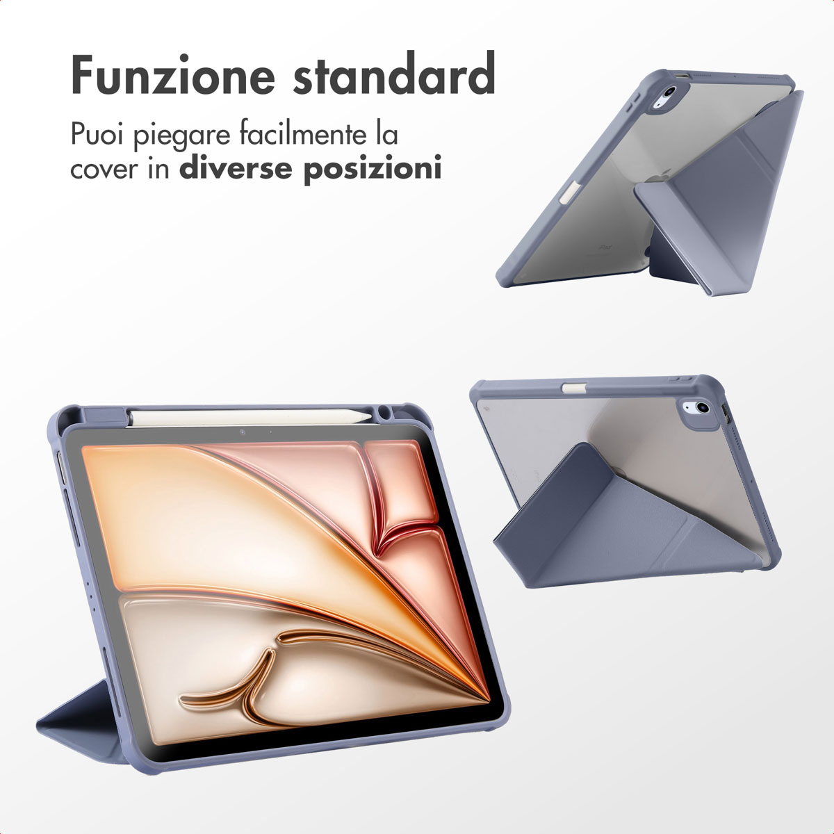 Tablette grise avec support stylet dans un étui servant de support.