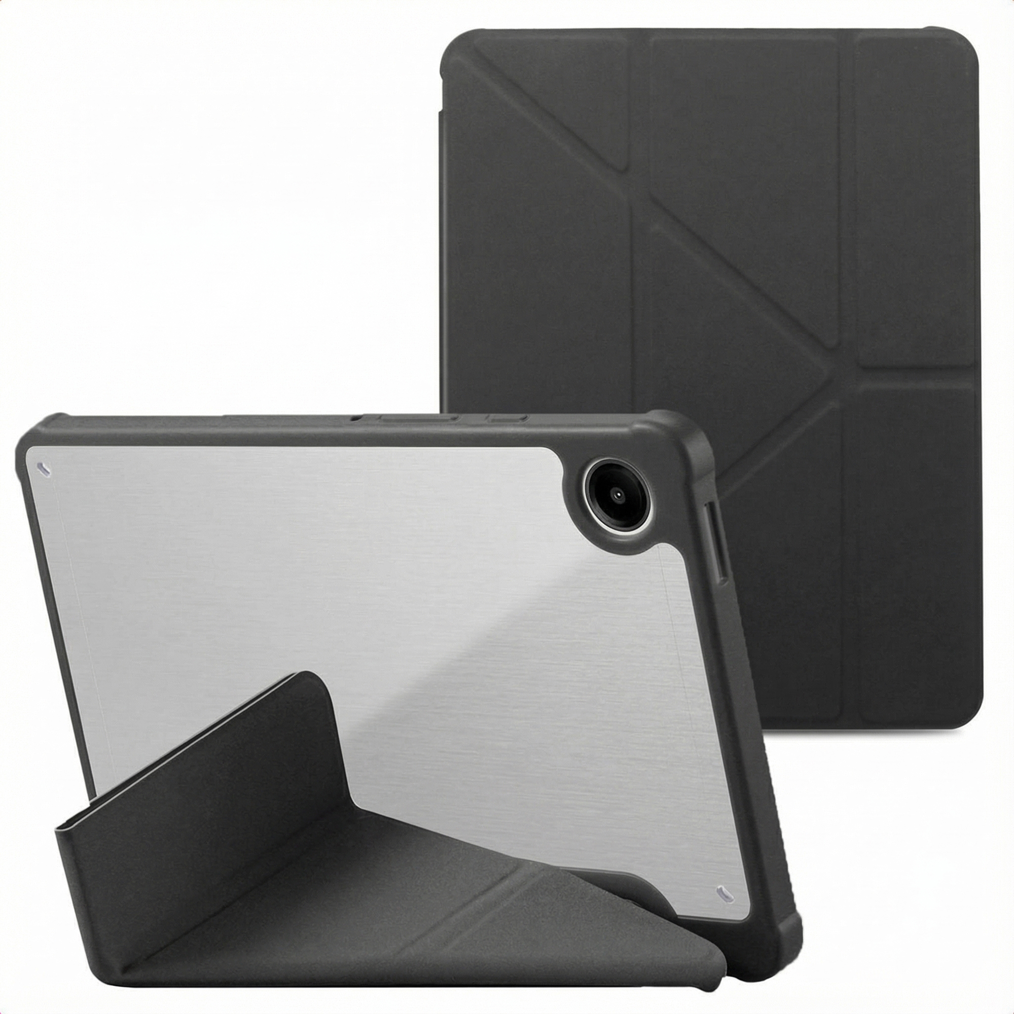 A black tablet with a silver back and a stand.