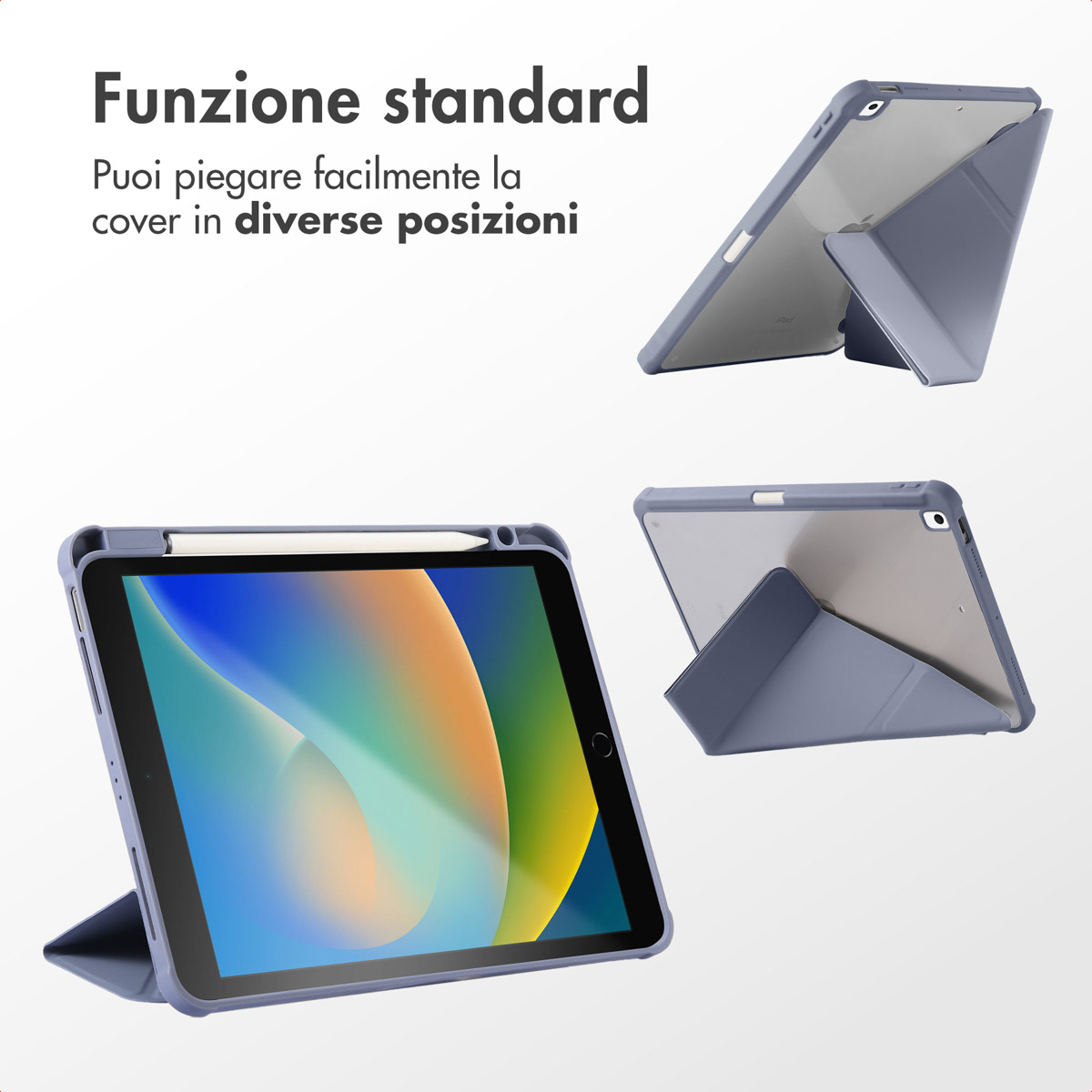 Une tablette dans un étui montrée sous plusieurs angles, avec porte-stylet.