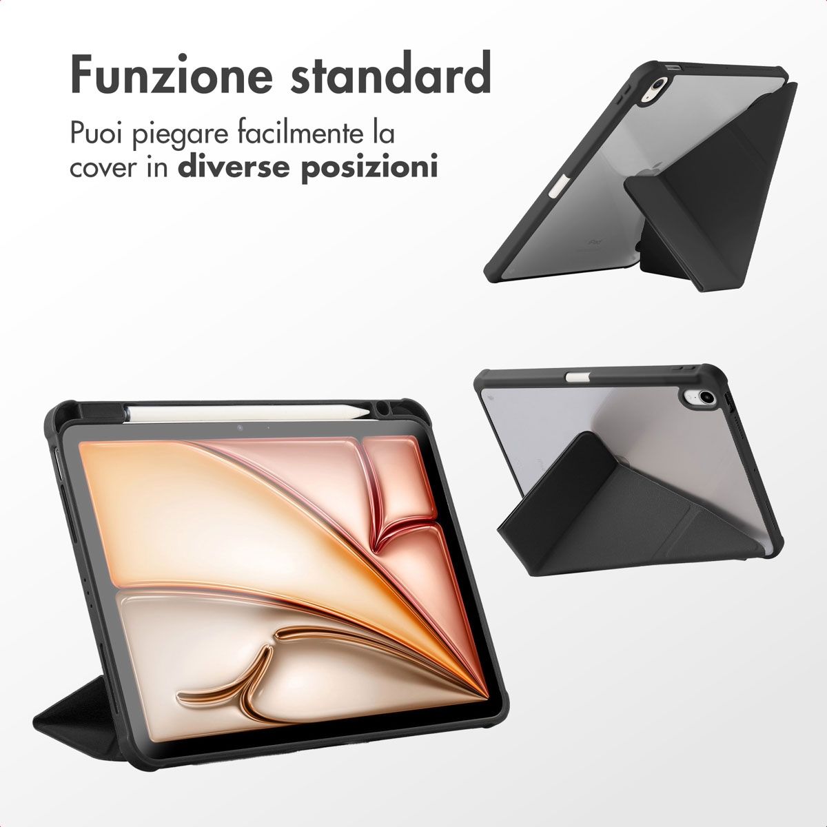 A black tablet with a stylus, shown in multiple standing positions.