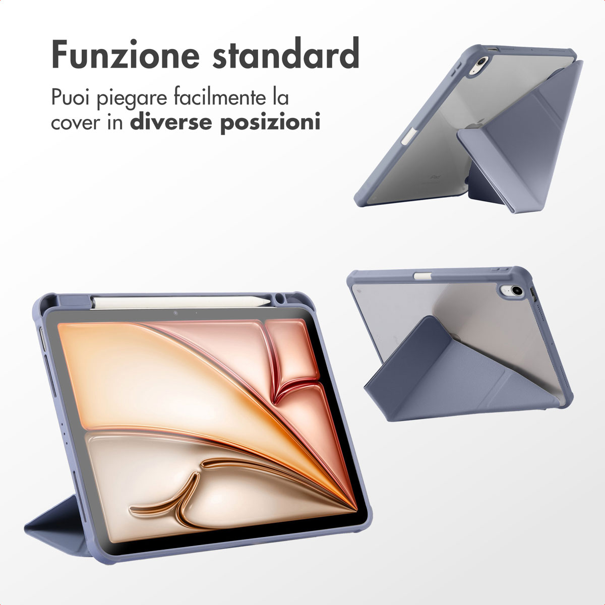 A blue tablet stand with an iPad and stylus, shown from multiple angles.