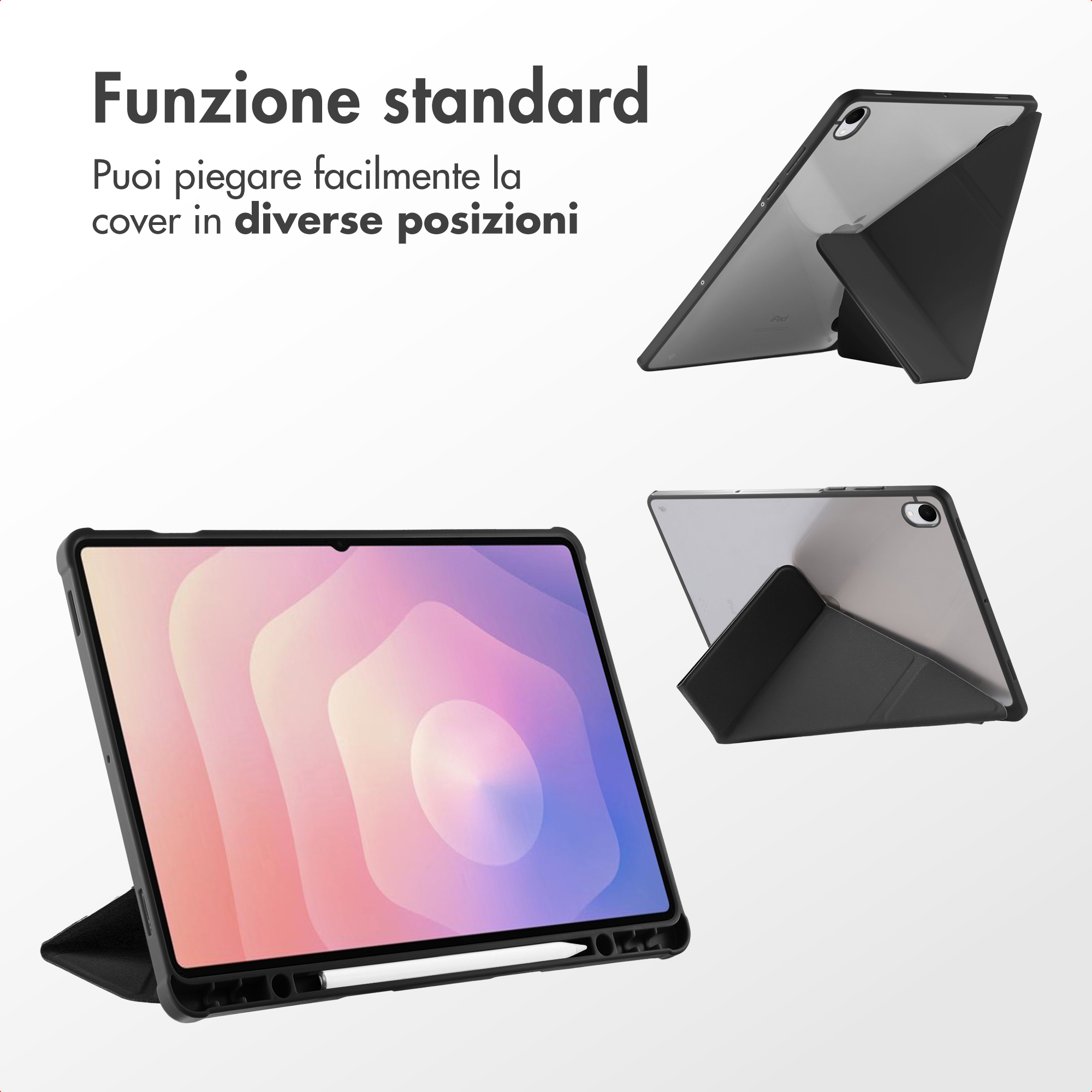 A tablet in a black case shown in various positions.