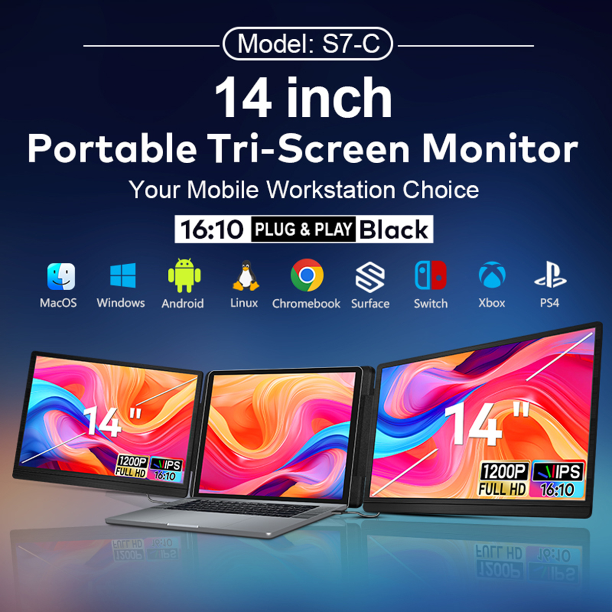 Un portátil con tres monitores de 14 pulgadas mostrando coloridas imágenes abstractas.