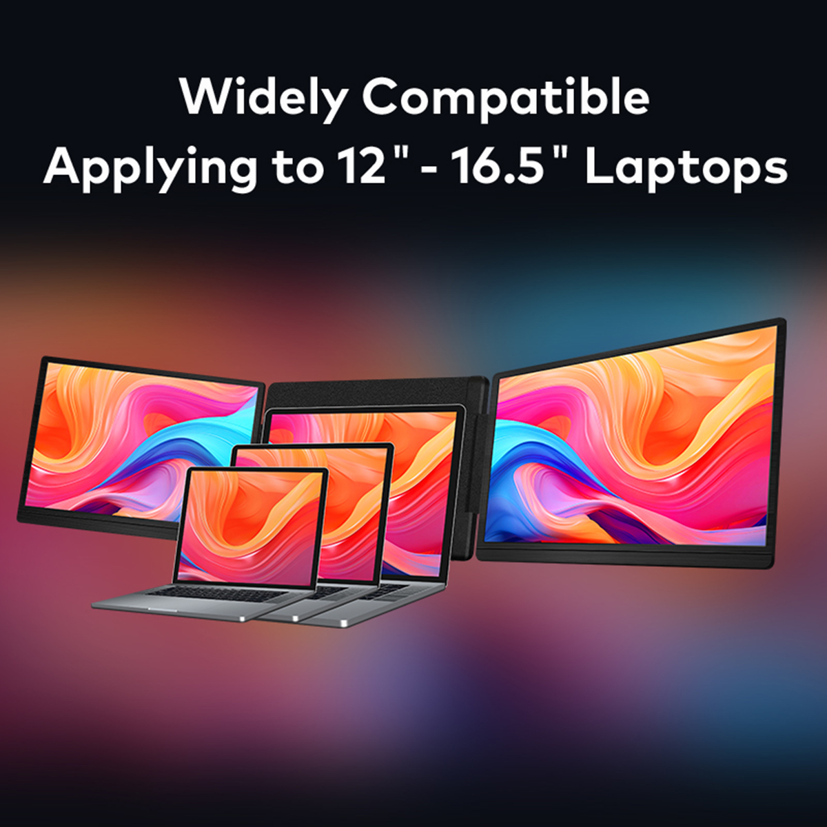 Laptops y monitores con pantallas coloridas uno al lado del otro.