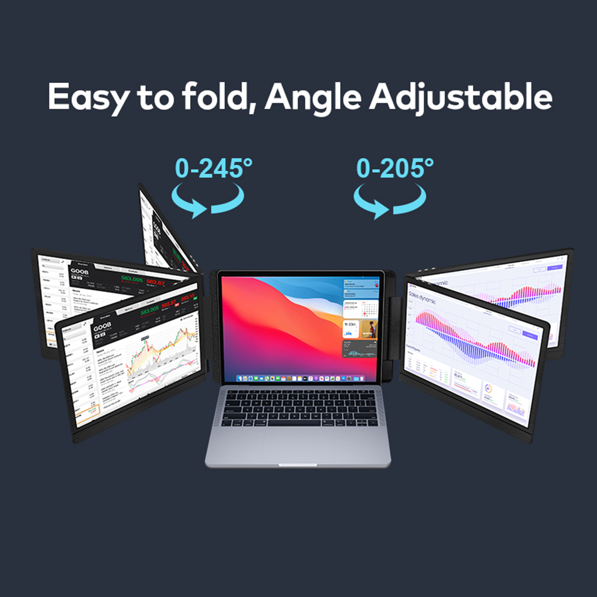 Un portátil con tres pantallas plegables que muestran gráficos y diagramas.