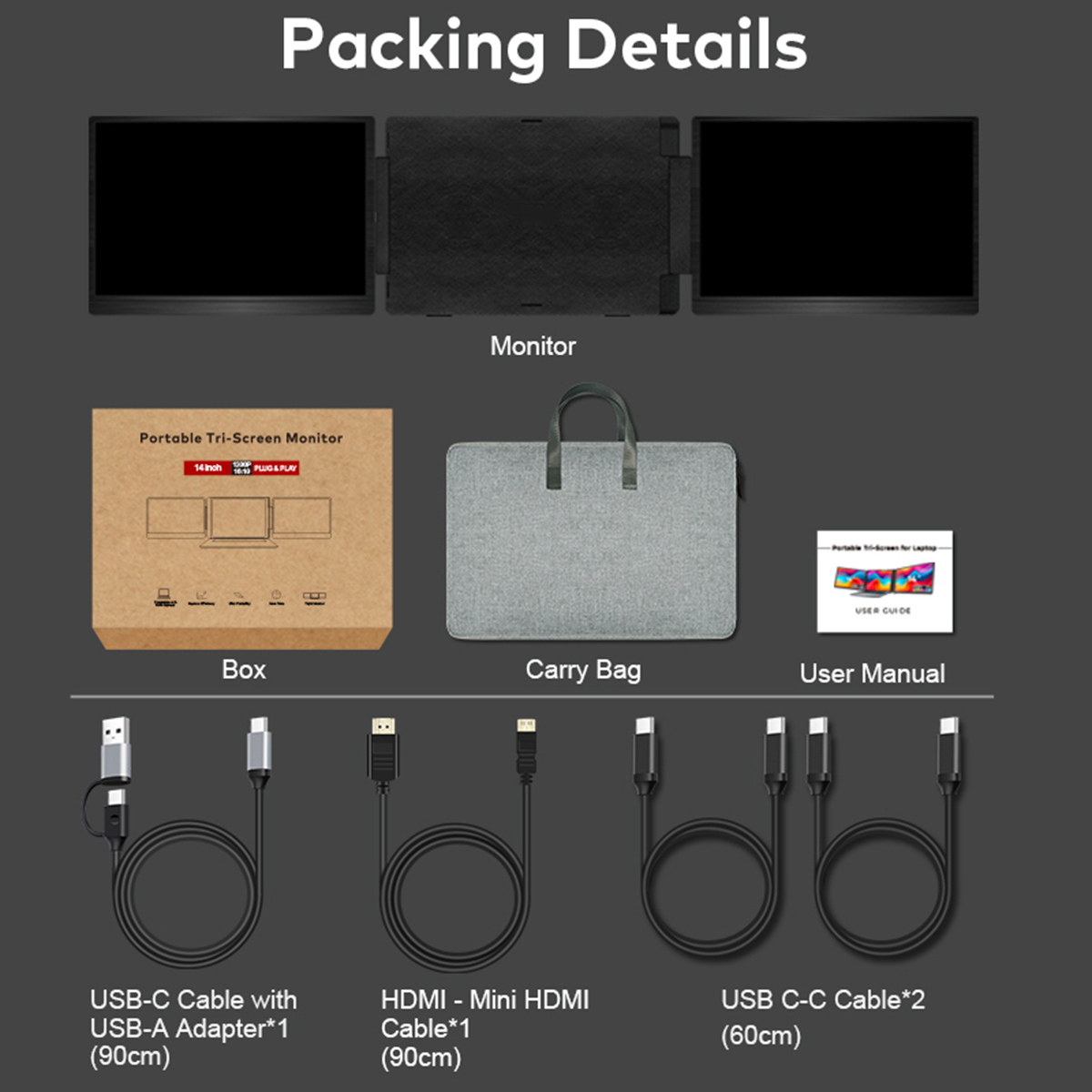 Detalles del embalaje: monitor, caja, bolso, manual y cables.
