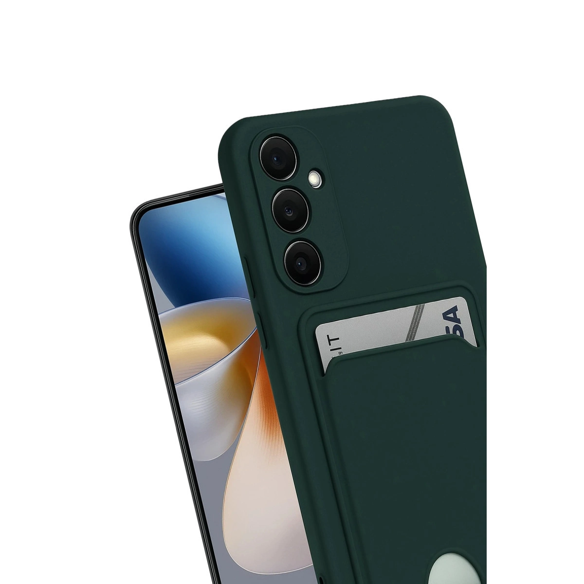 Üç kameralı ve kart yuvalı koyu yeşil telefon kılıfı.