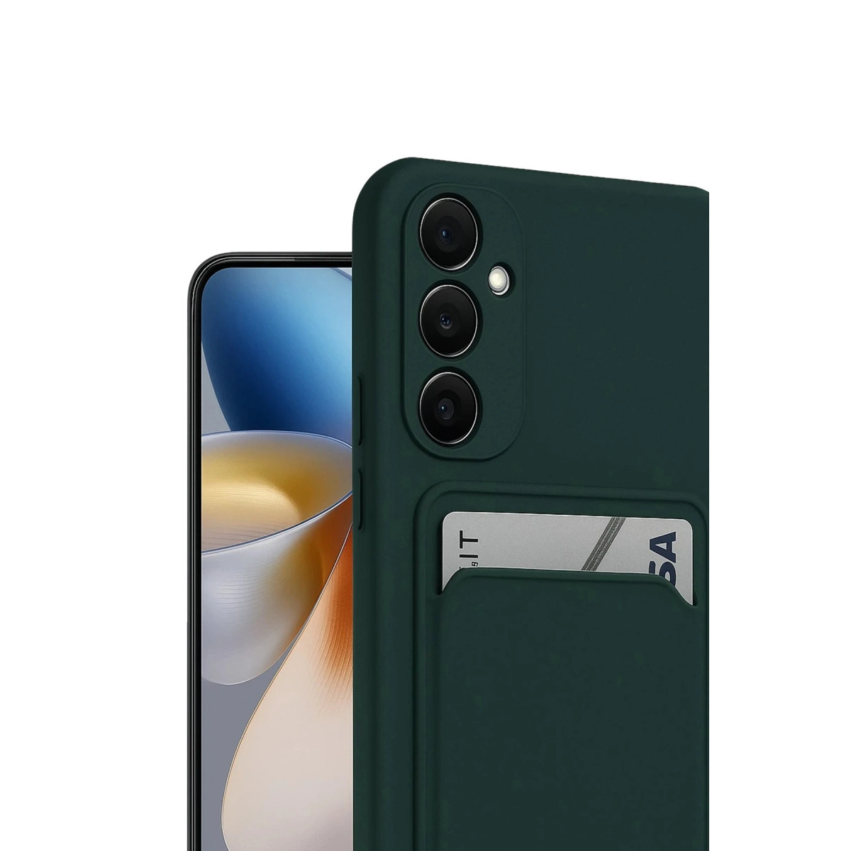 Üç kameralı ve kart yuvalı koyu yeşil telefon kılıfı, ekranın bir kısmını gösteriyor.